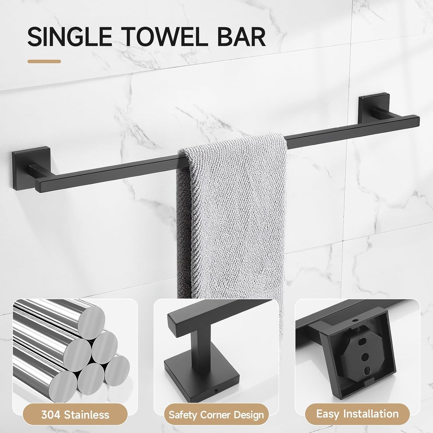 TQKAG 5-Piece Towel Bar Set, 23.6 Inch Bathroom Hardware Set, Matte Black | SUS304 Stainless Steel, Towel Rack for