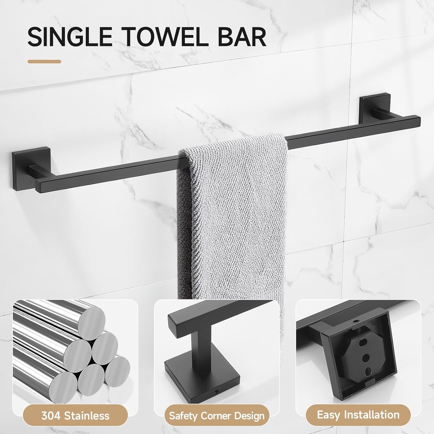 TQKAG 5-Piece Towel Bar Set, 23.6 Inch Bathroom Hardware Set, Matte Black | SUS304 Stainless Steel, Towel Rack for