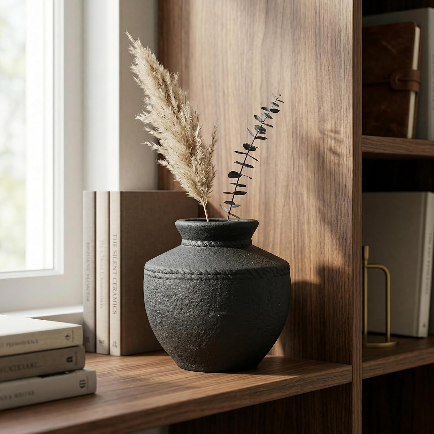 Ceramic Vase / Small Rustic Farmhouse Flower Vases / Black / 6 Inch