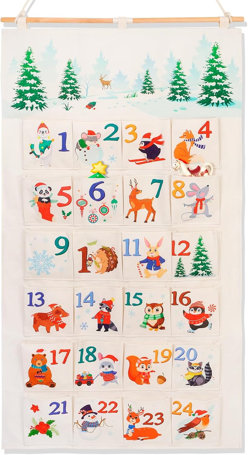 HOWAF Fabric Christmas Advent Calendar 2026 with Pockets (Countdown to Christmas), 24 Days Mystery Christmas Countdown Calendar for Xmas Holiday Home Wall Decoration, Animal Themed