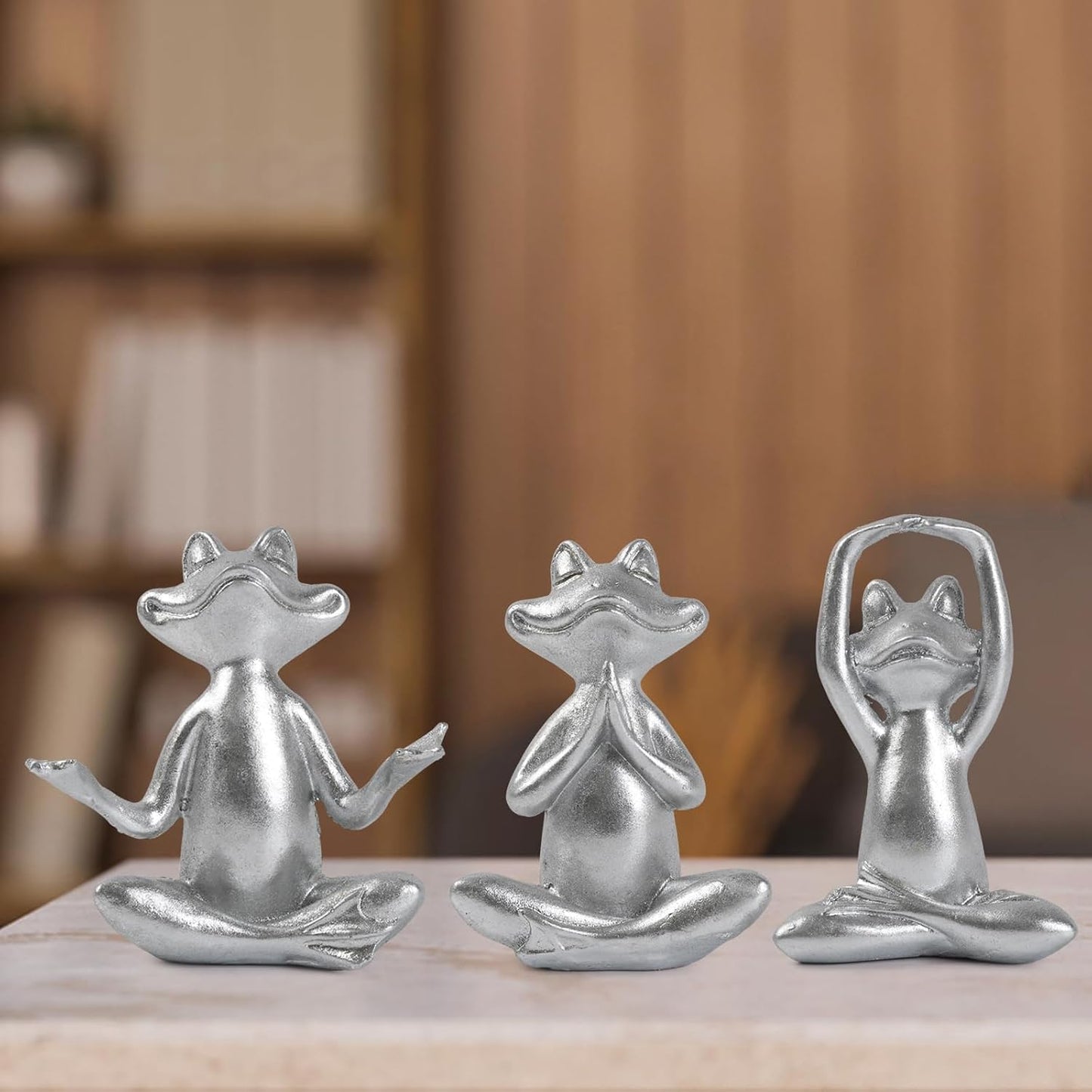 Silver Frog Figurines Yoga Decor -Frog Yoga Statues for Modern Living / Silver Frog-3 / Set of 3