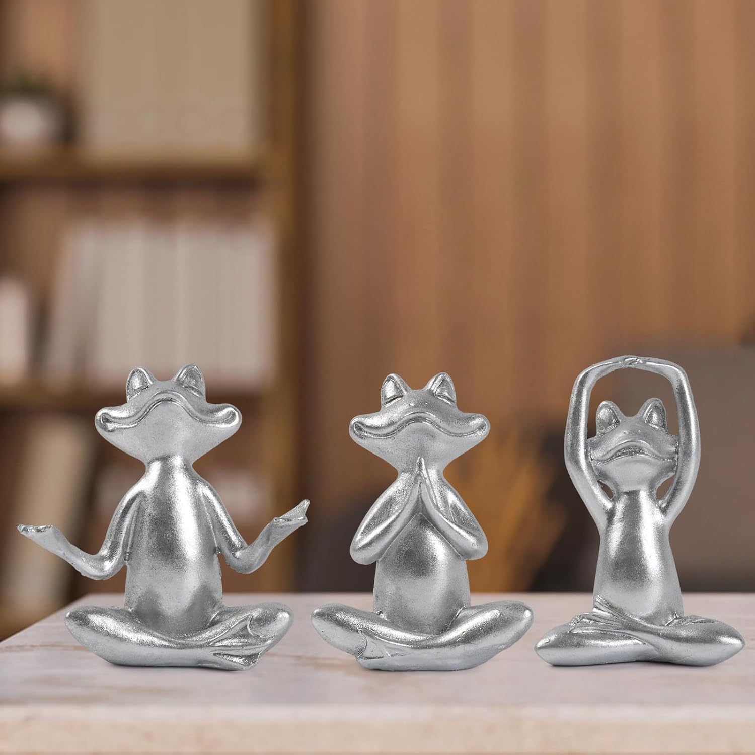 Silver Frog Figurines Yoga Decor -Frog Yoga Statues for Modern Living / Silver Frog-3 / Set of 3