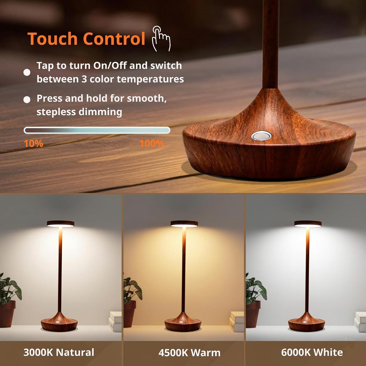 2 Pack Cordless Table Lamps, Rechargeable 6000mAh, 72H Runtime, Waterproof | Stepless Touch Dimming with 3 Color Modes