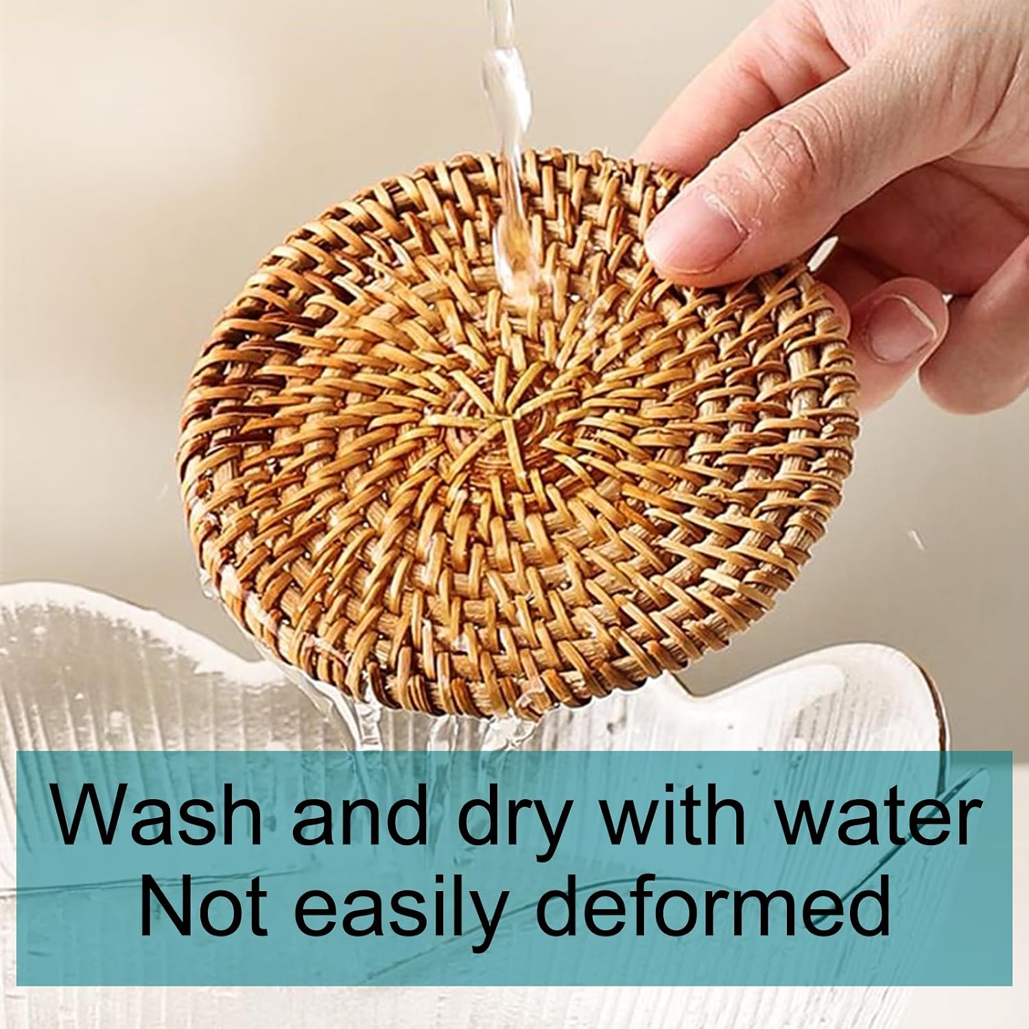 Holder / Boho Woven Coasters Set / Natural Beige Single Rattan Weave / Set of 8