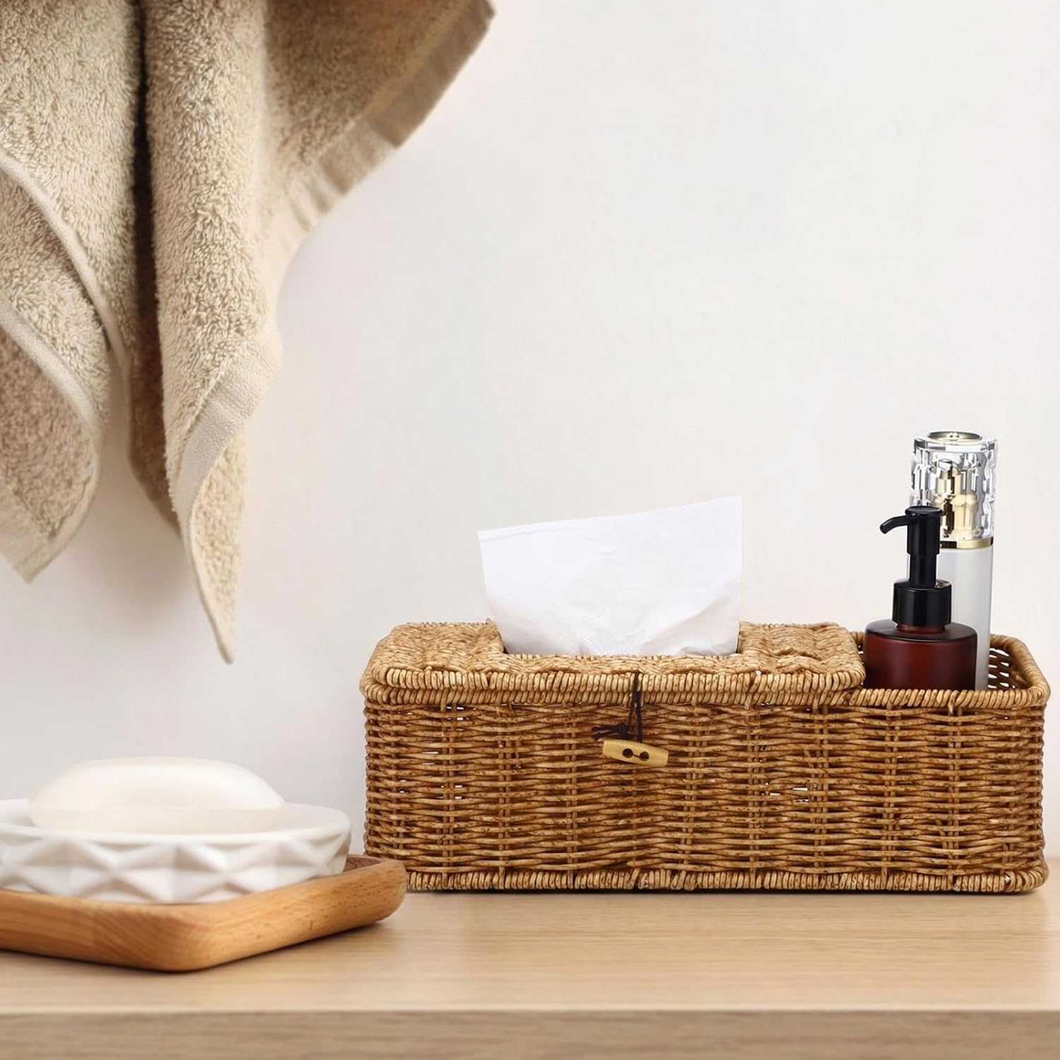 Rectangular Rattan Tissue Box Cover Rustic Boho Decorative Seagrass Woven Wicker Facial / Natural