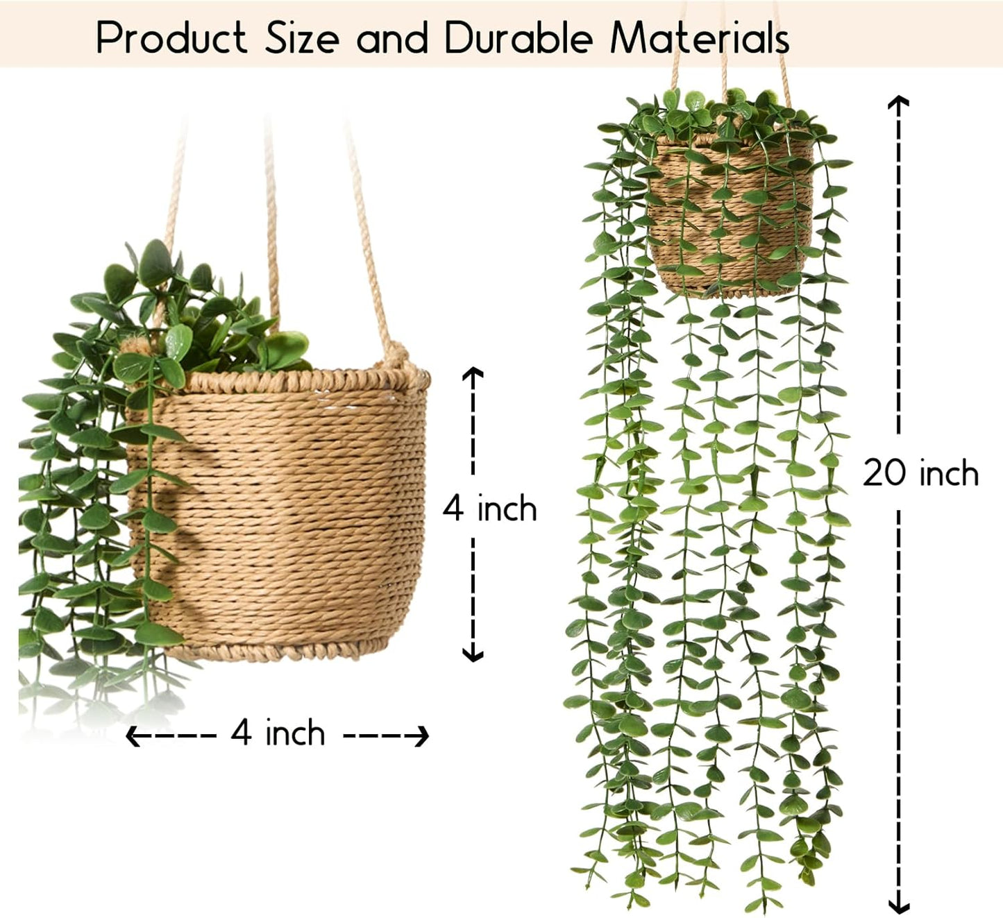 Artificial Hanging Plants in Boho Handwoven Baskets / 3-green / Set of 3