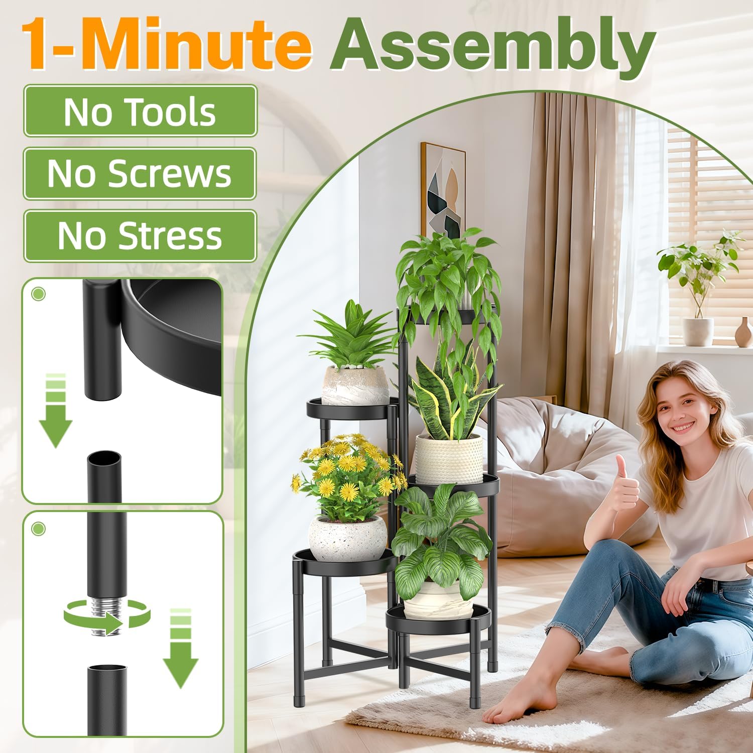 iDavosic.ly Plant Stand with Garden Tools Indoor Outdoor, 5 Tier, Black | Metal Corner Shelf, Tiered Flower Display