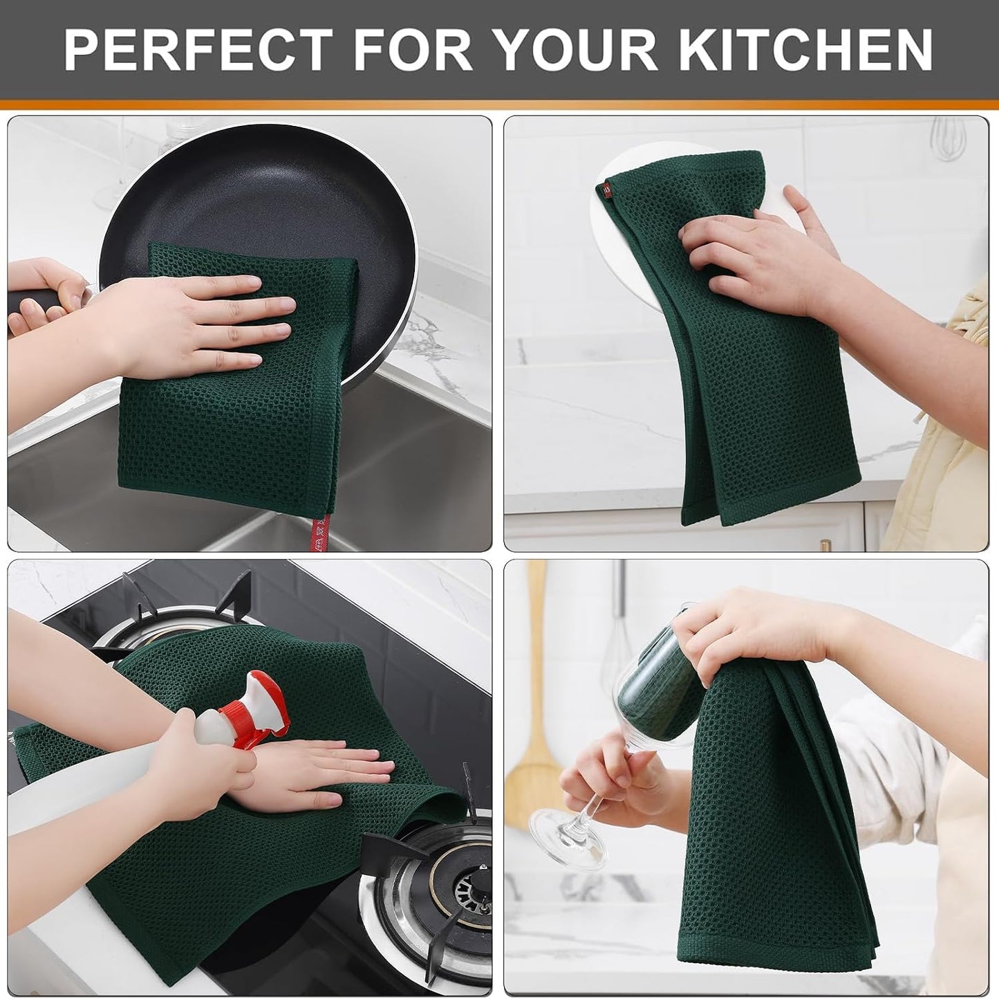 Kitinjoy Cotton Waffle 8-Pack Kitchen Towels, 13" x 28", Blackish Green | Super Soft, Ultra-Absorbent, Fast Drying