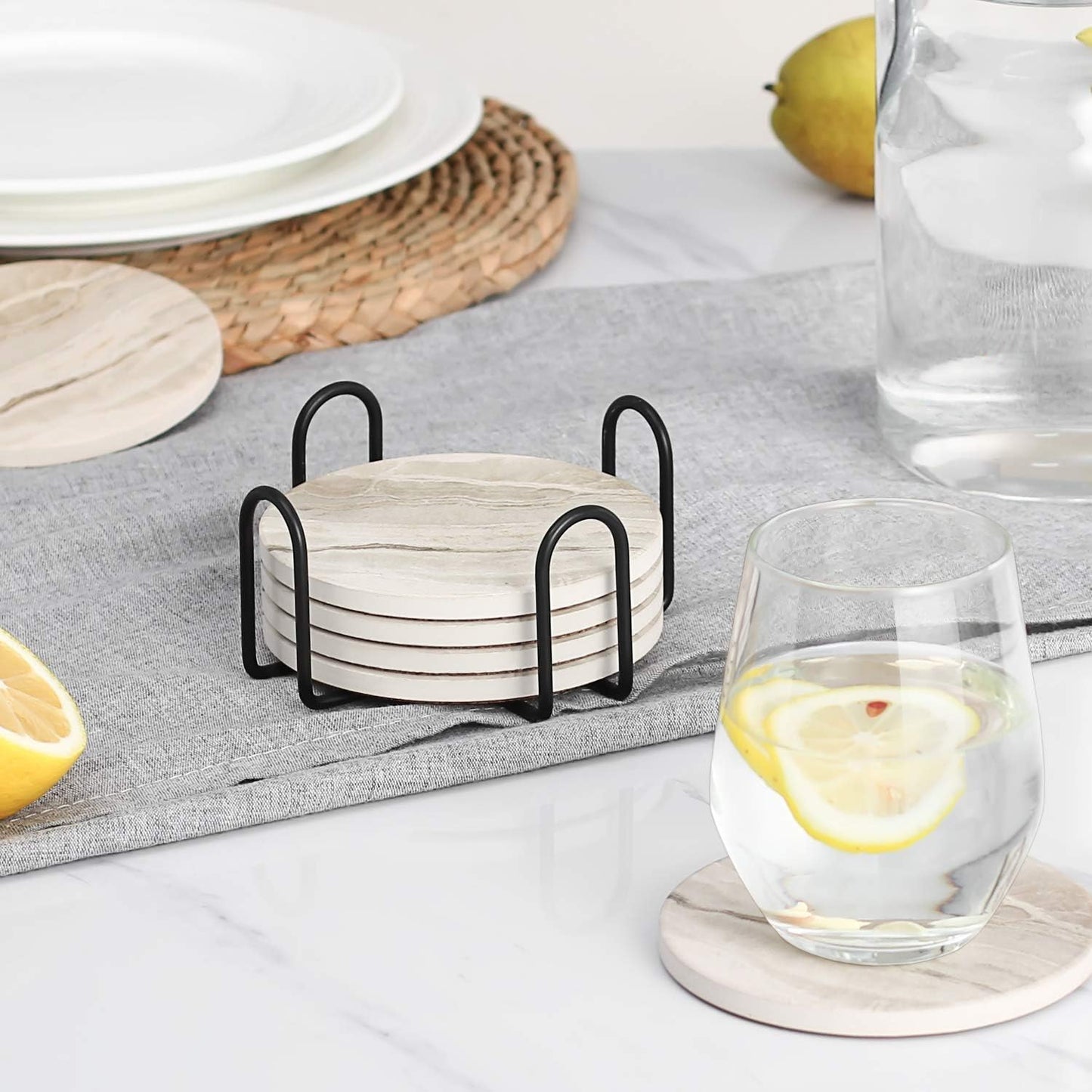 Holder / Black Marble Style Ceramic Drink Coaster / Yellow Marble / Set of 6