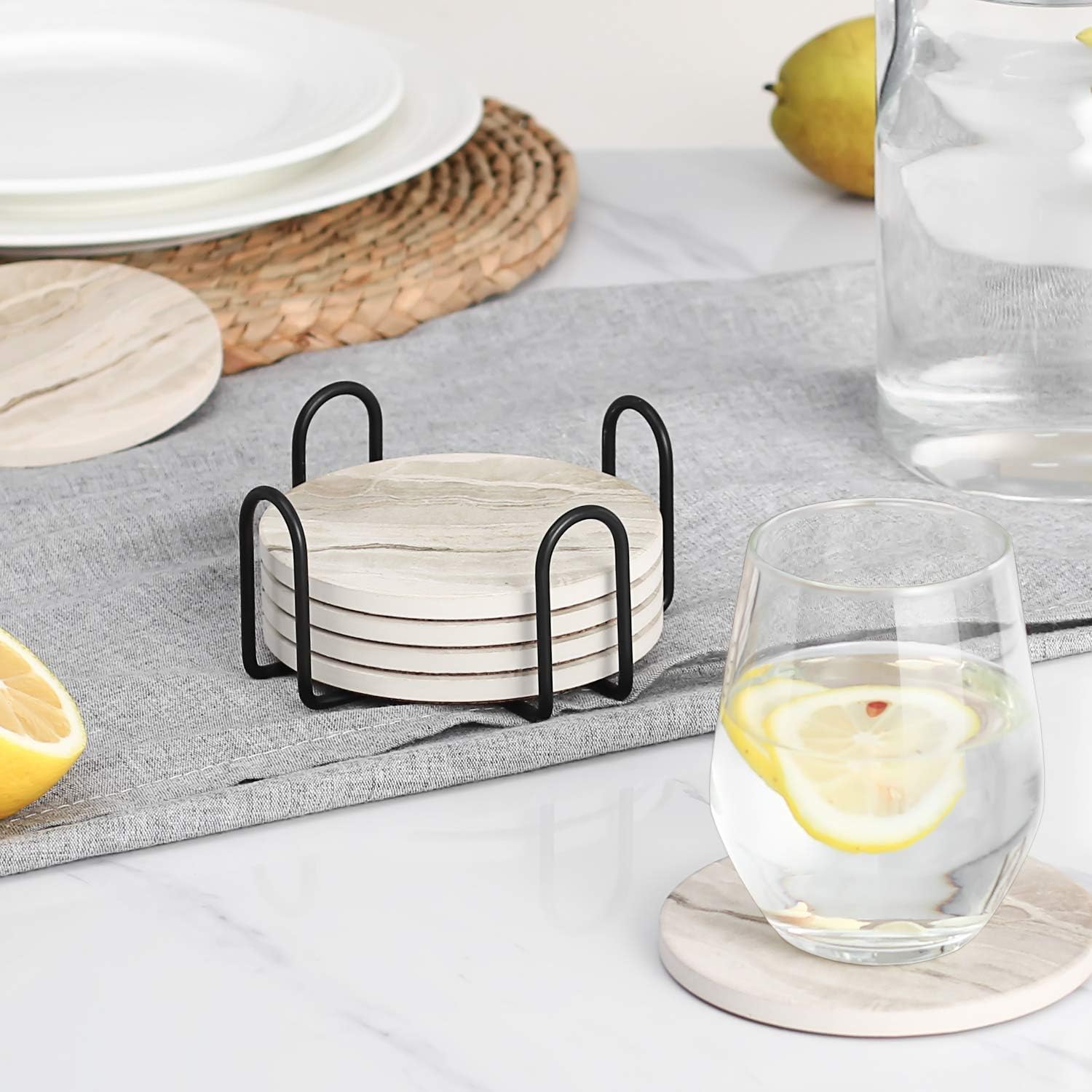 Holder / Black Marble Style Ceramic Drink Coaster / Yellow Marble / Set of 6