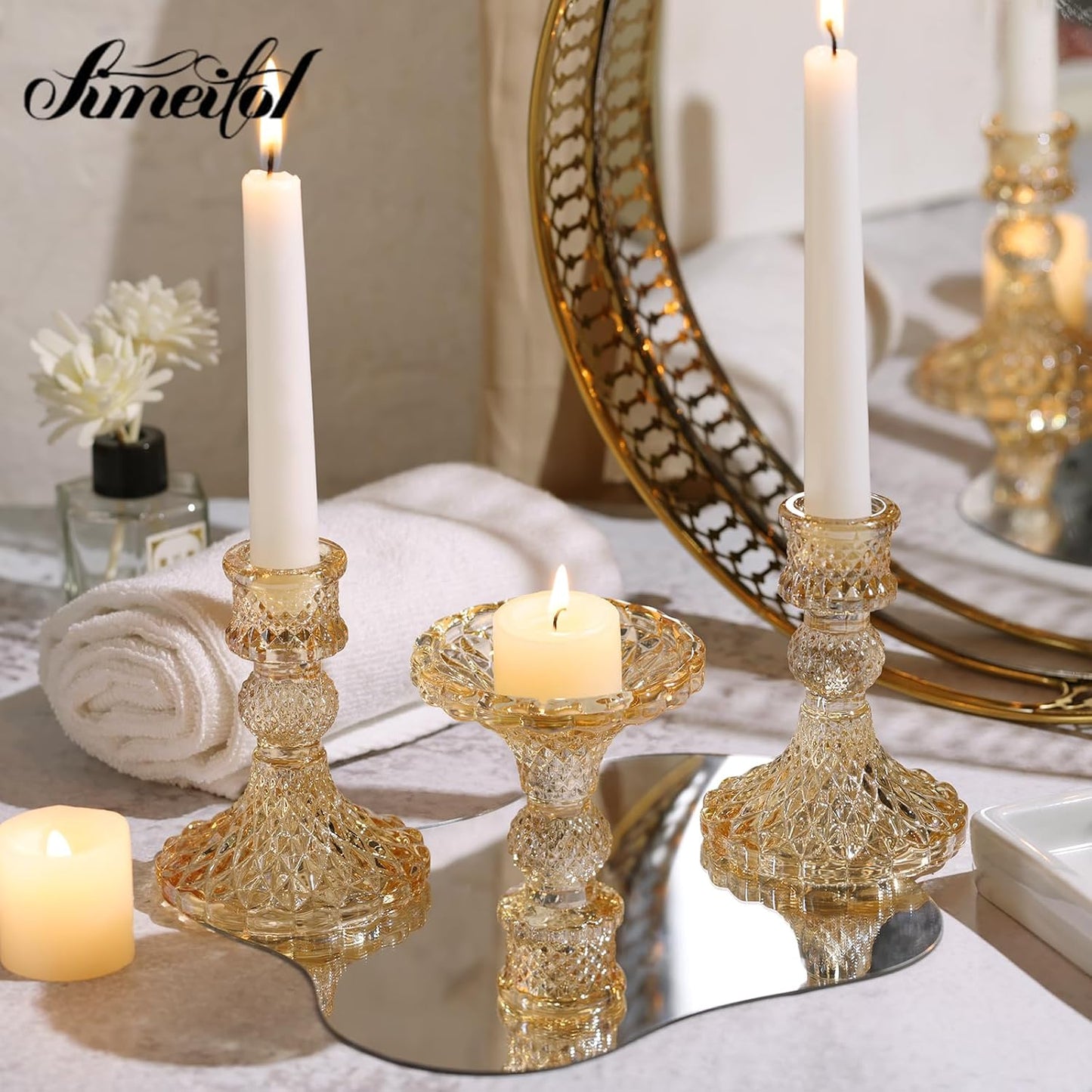 Gold Candle Holder Set of 12, Glass Taper Candle Holders Bulk | Gold Candlestick Holders, Candle Stick Holder for Table