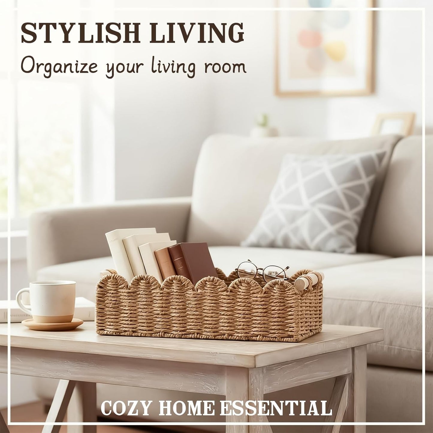 Upgraded Paper Rope Scalloped Edge Toilet Paper Storage Basket / Neutral