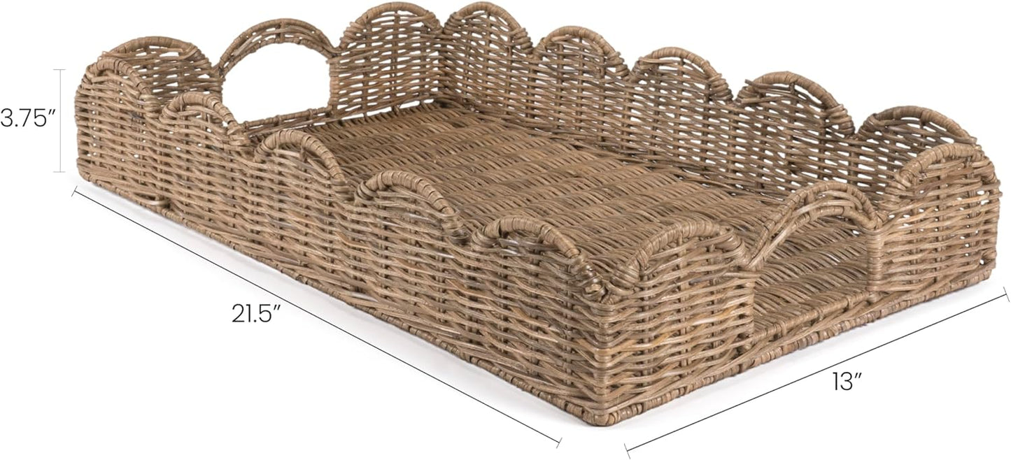 TRY1000A Scalloped 21.5" Southwestern Cottage Hand-Woven Rattan Tray / Natural