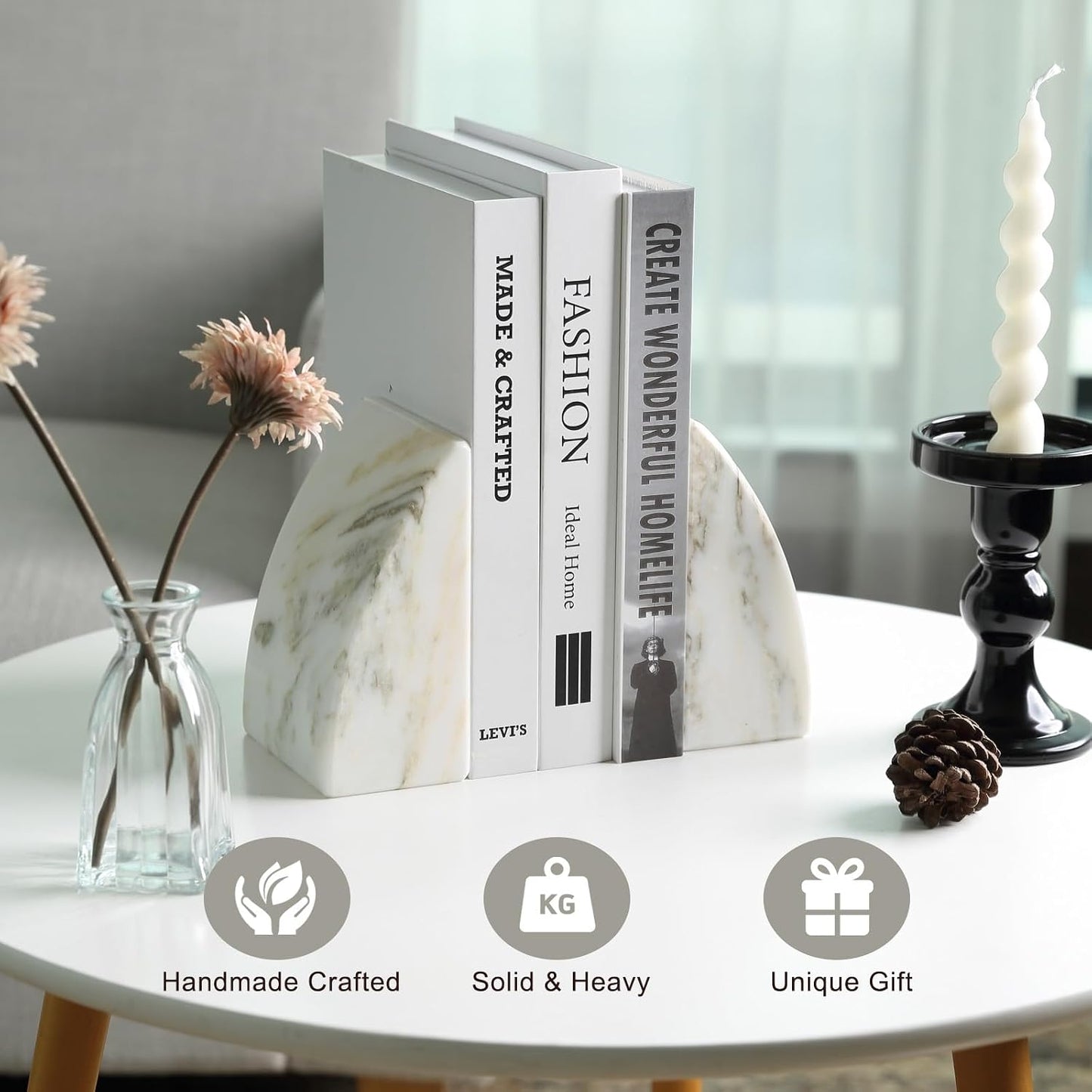 Marble Bookends / Large Bookends for Heavy Books / Sail-oriental Calacatta / Natural