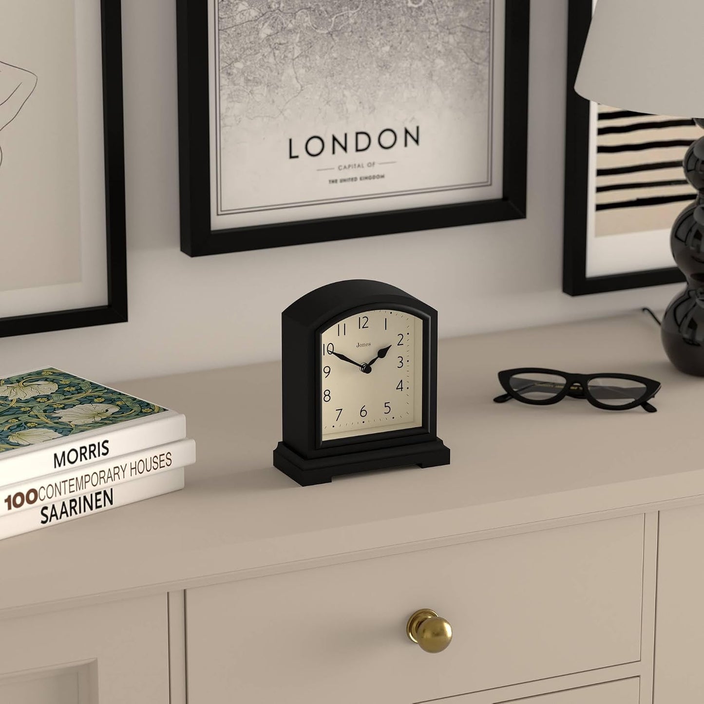 JONES CLOCKS® Tavern Mantel Clock | Modern Arch top Design | Black | Contemporary Classic Style for Desk, Table, Shelf