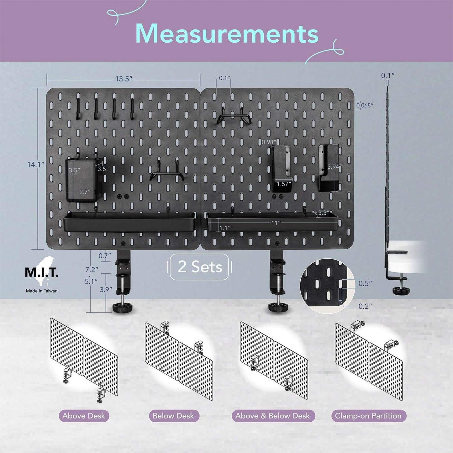 EHO Clamp-On Desk Pegboard, 2Pack (Combined Size 27 x 14 inch) Privacy Divider, Desk Partition Panel, No-Drill Desk