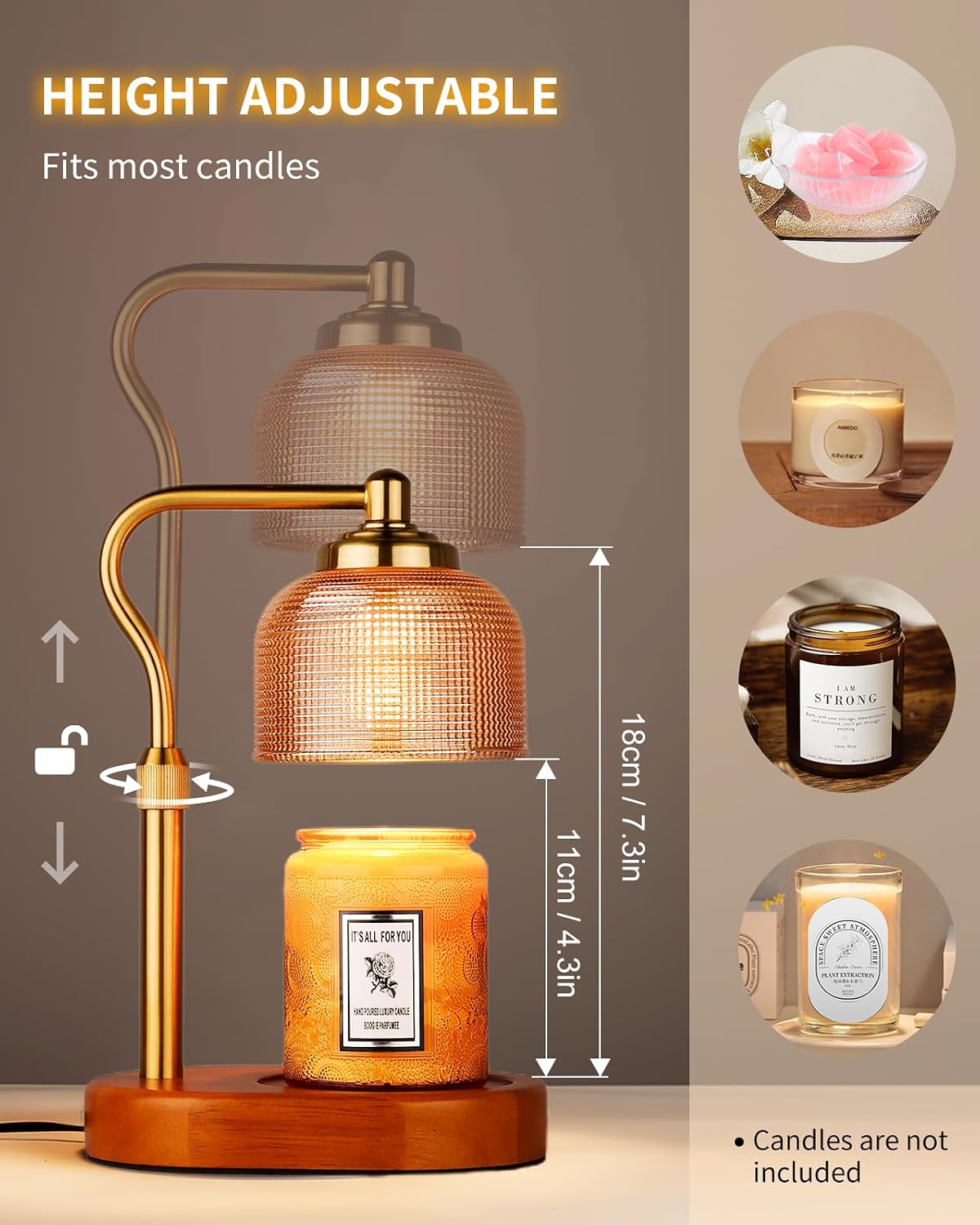 Candle Warmer Lamp Electric Candle Warmer with Timer Dimmable Candle Lamp Warmer with 3 Bulbs Height Adjustable Wax