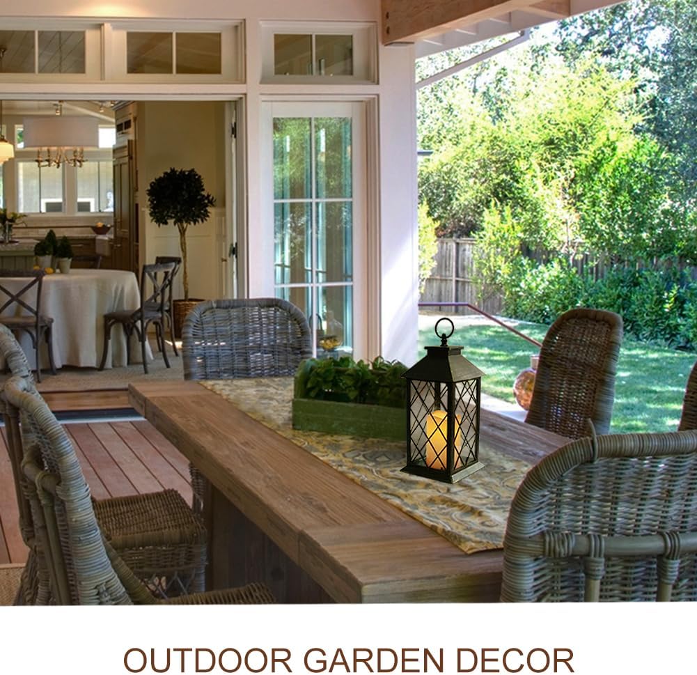 13.5" Outdoor Candle Lantern Decorative with LED Pillar Candle Battery Powered (Distressed Gold, 6hr Timer) - IP44