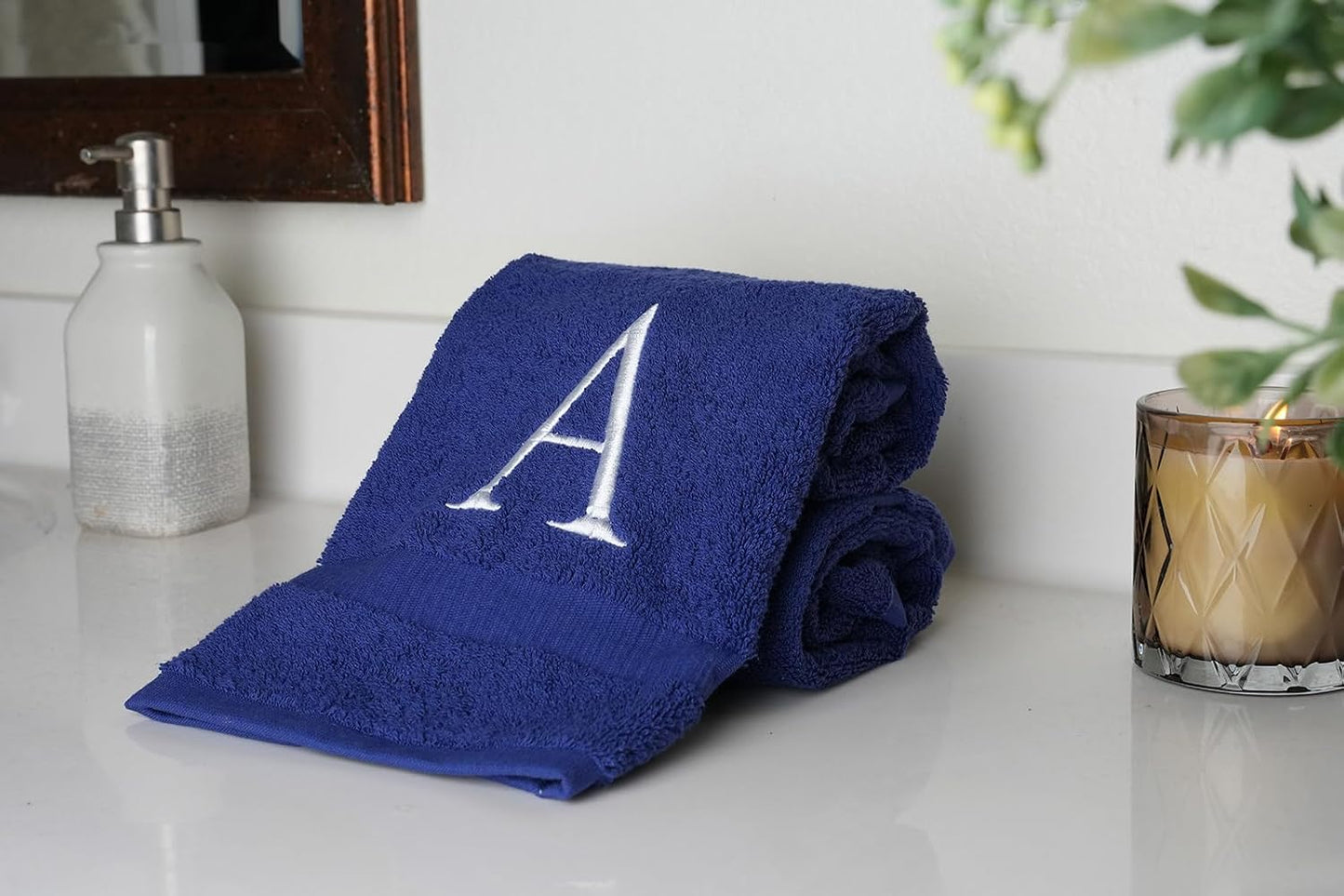 Navy with White Monogrammed Hand Towels for Bathroom - Set of 2 Letter A | Luxury Hotel Quality Initial Towels For