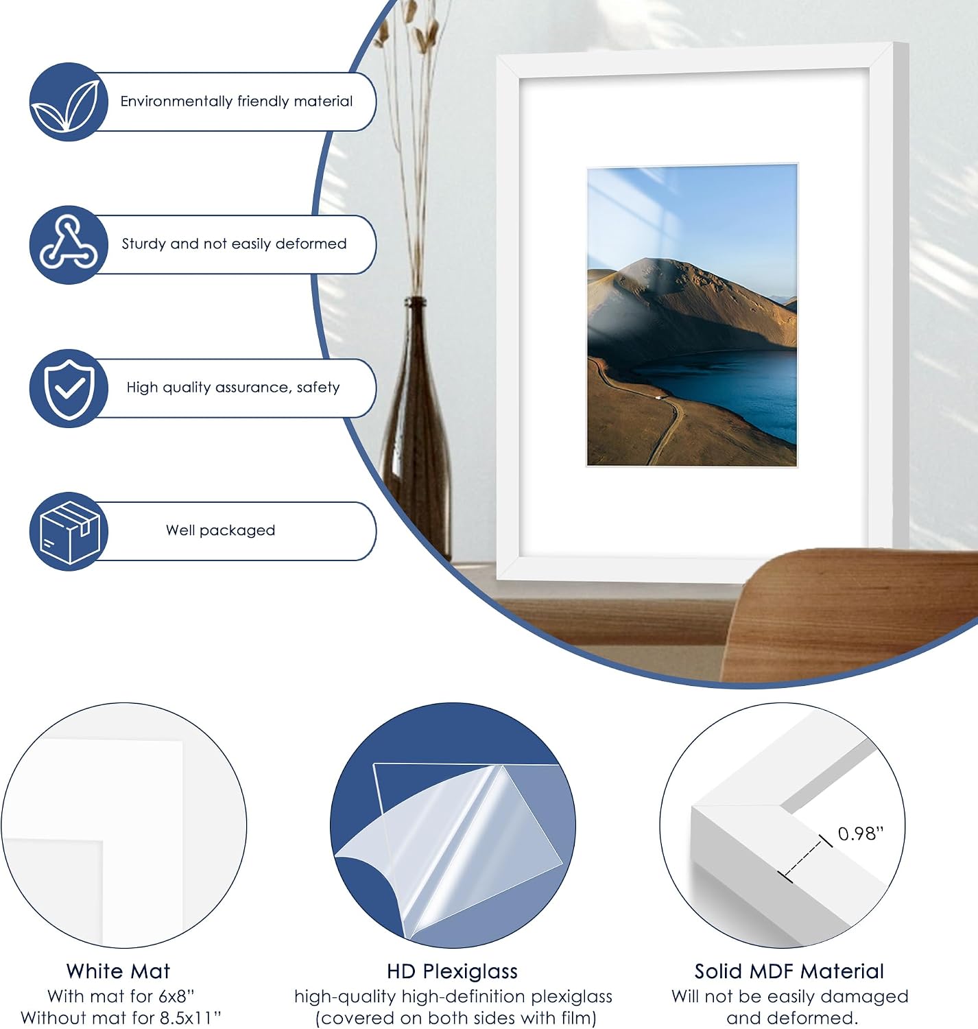 16x20 Picture Frame Set of 6, Wall Mount Display, White | Display Pictures 11x14 with Mat or 16x20 Without Mat