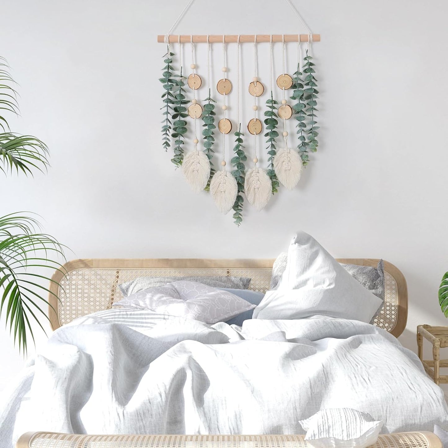 Fake Eucalyptus Stems Plants Wooden Stick Macrame / Green Eucalyptus with Macrame Leaves