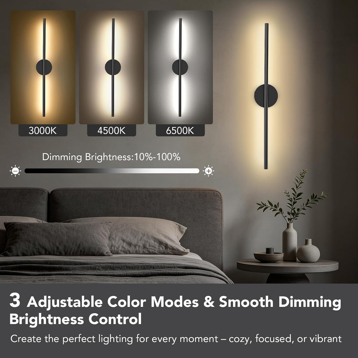 TONYFUL Battery Operated Wall Sconce Set of 2, Wall Light for Home, Black | Rechargeable, 6000mAh Dimmable Bulbs