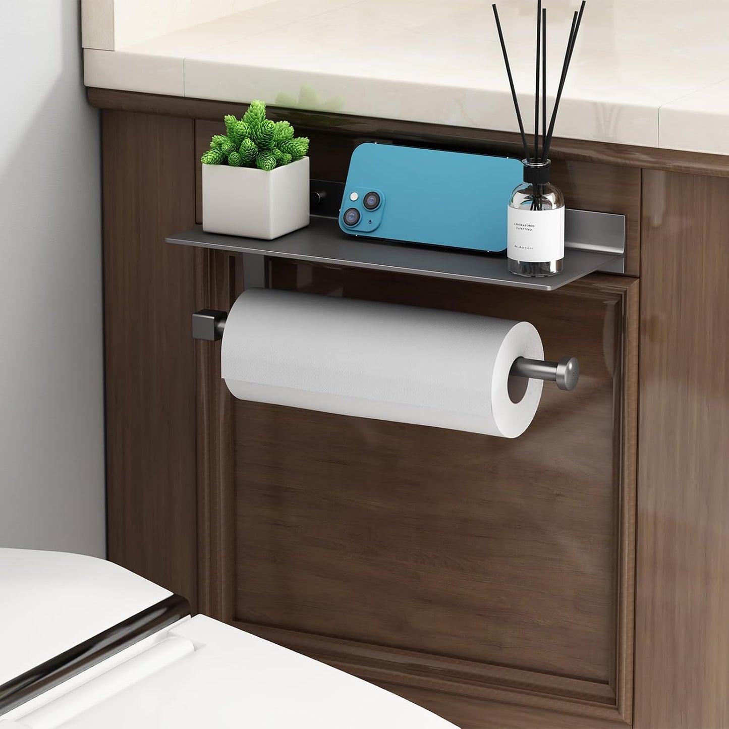 Kitchen Paper Towel Holder with Shelf Wall Mount, Adhesive Hand Towel Holder for Bathroom, Matte Grey