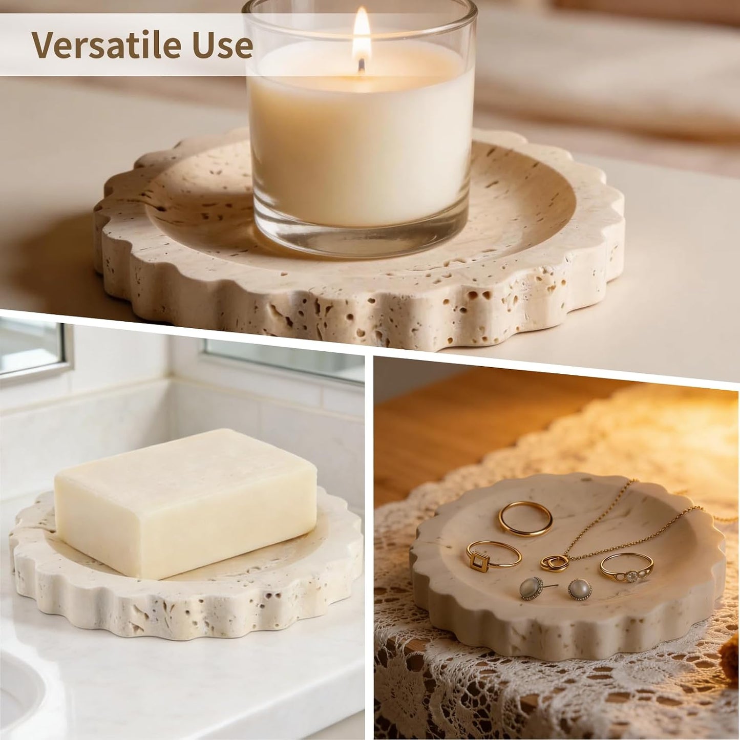 Small Scallop Edge Stone Tray / Beige / 5.9 Inch