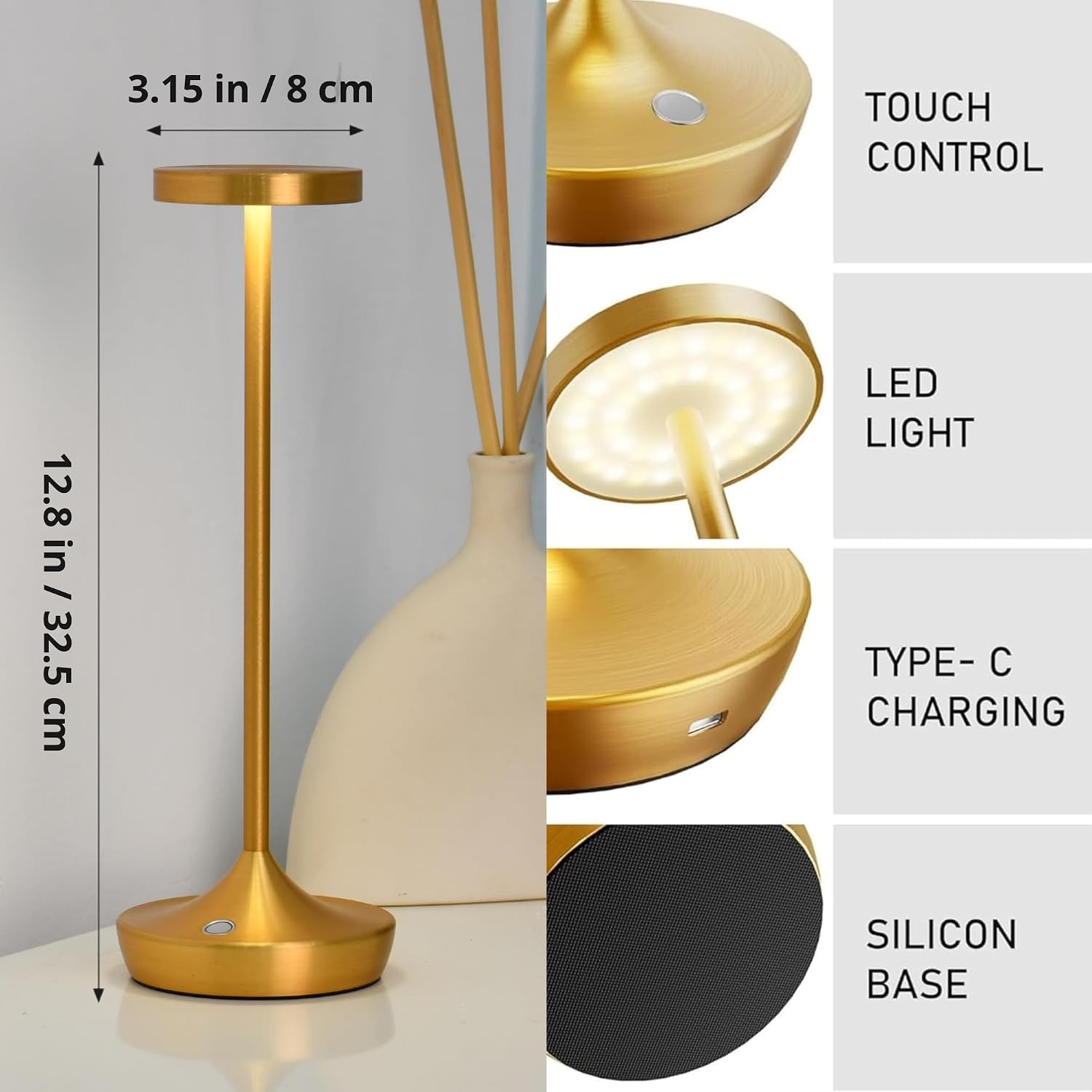 2 Pack Gold Cordless Table Lamps, Rechargeable 6000mAh, 72H Runtime | Stepless Touch Dimming with 3 Color Modes &