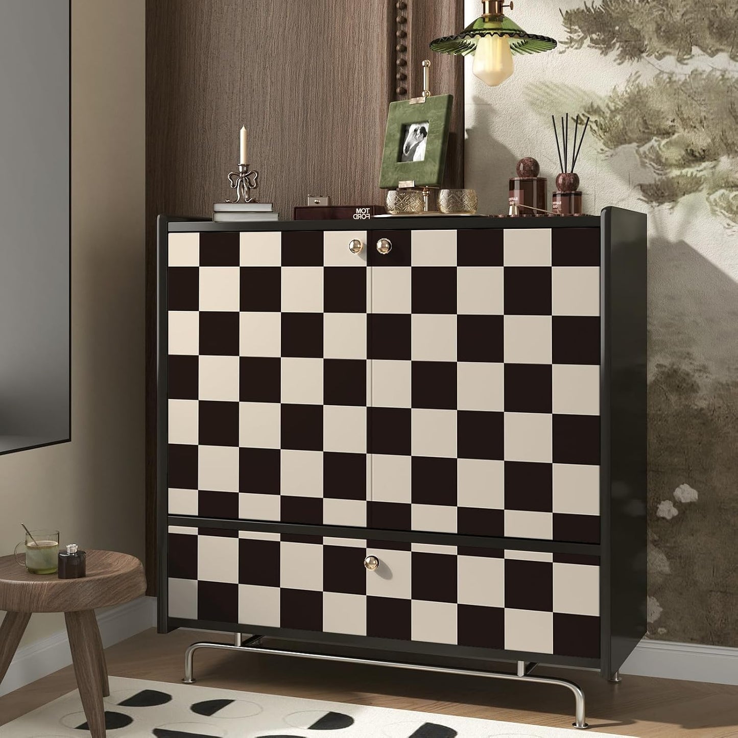 Vintage Black and Beige Checkered Wallpaper Peel and Stick Checkered / Black Beige / 17.5 x 118