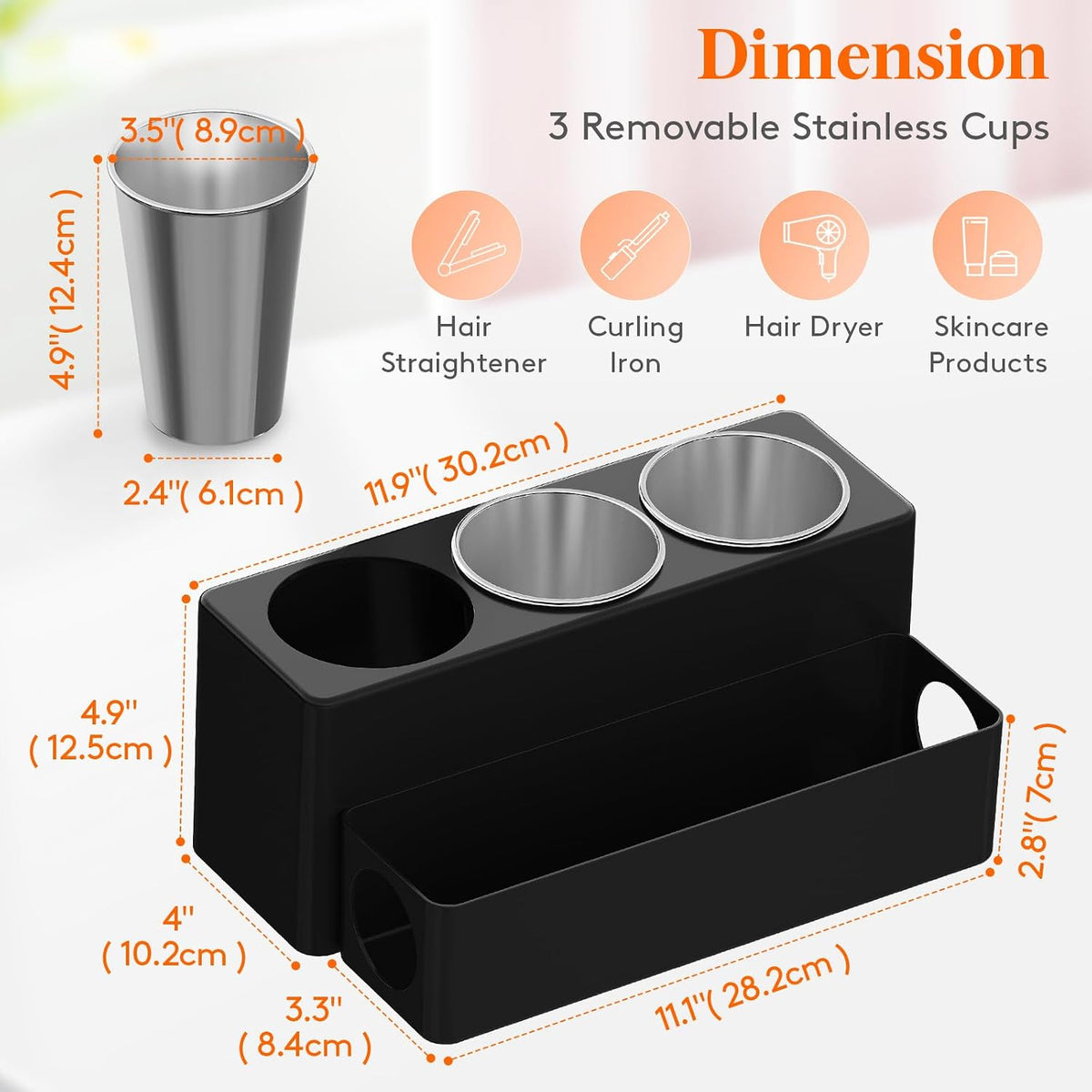 Lifewit Hair Tool Organizer Dryer Holder Countertop with 3 Cups, Black | 3 Stainless cups Tools Organizer, Acrylic body