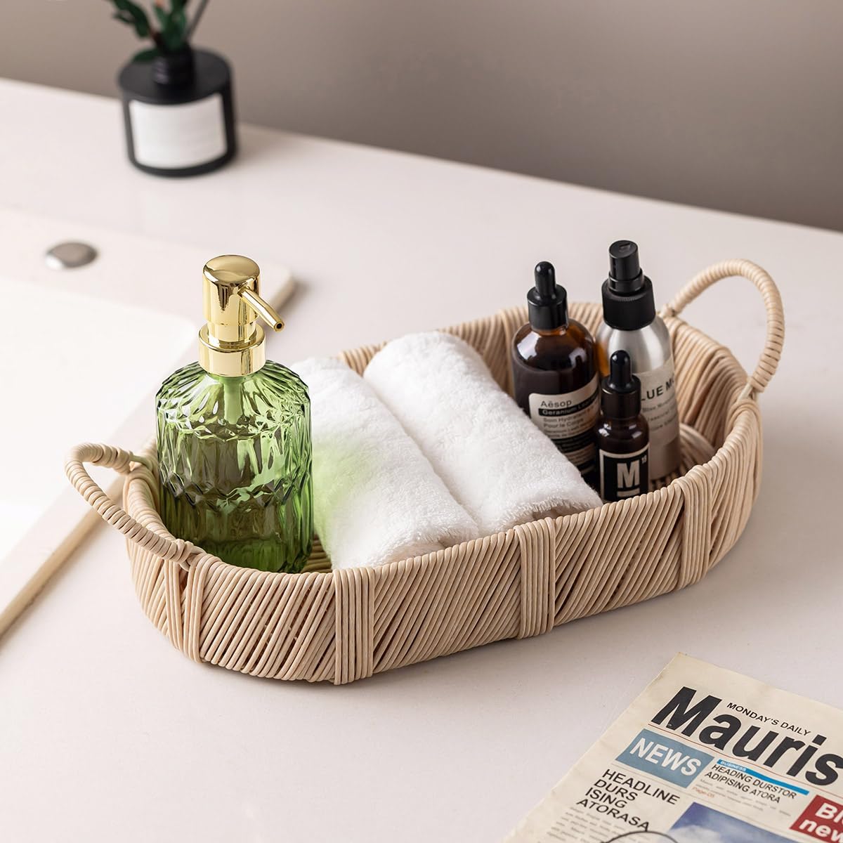 Hand-Woven Rattan-Style Storage Basket / Beige