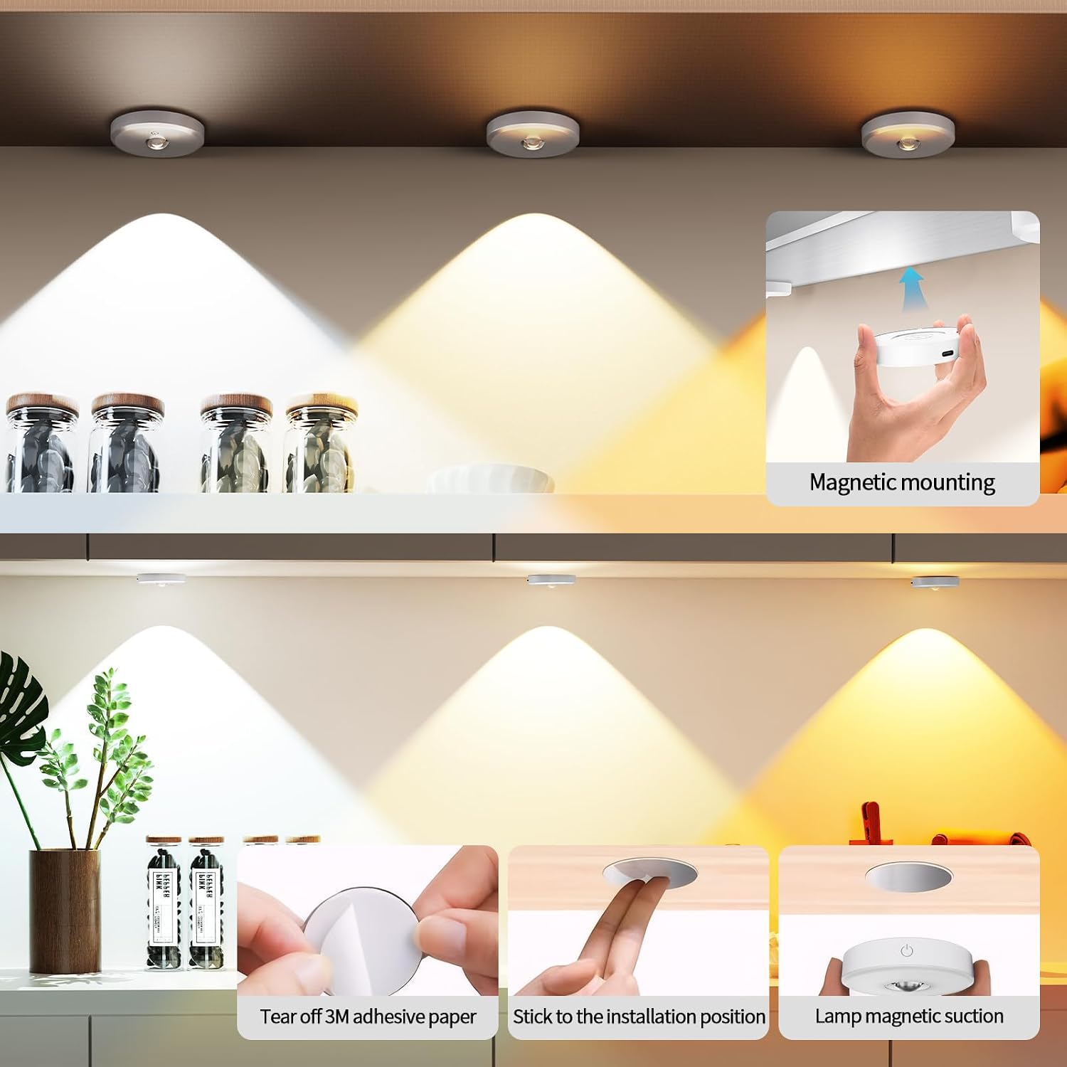 Rechargeable Puck Lights with Remote Control, 12 Color Changing Under Cabinet Lighting, Wireless RGB tv Led lights for