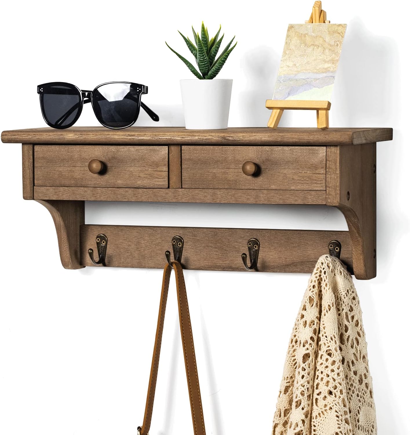 Emfogo Coat Hooks Mounted, Rustic Wood Coat Rack Mount Shelf with Hooks, Farmhouse Coat Rack with Shelf & Coat Hook for