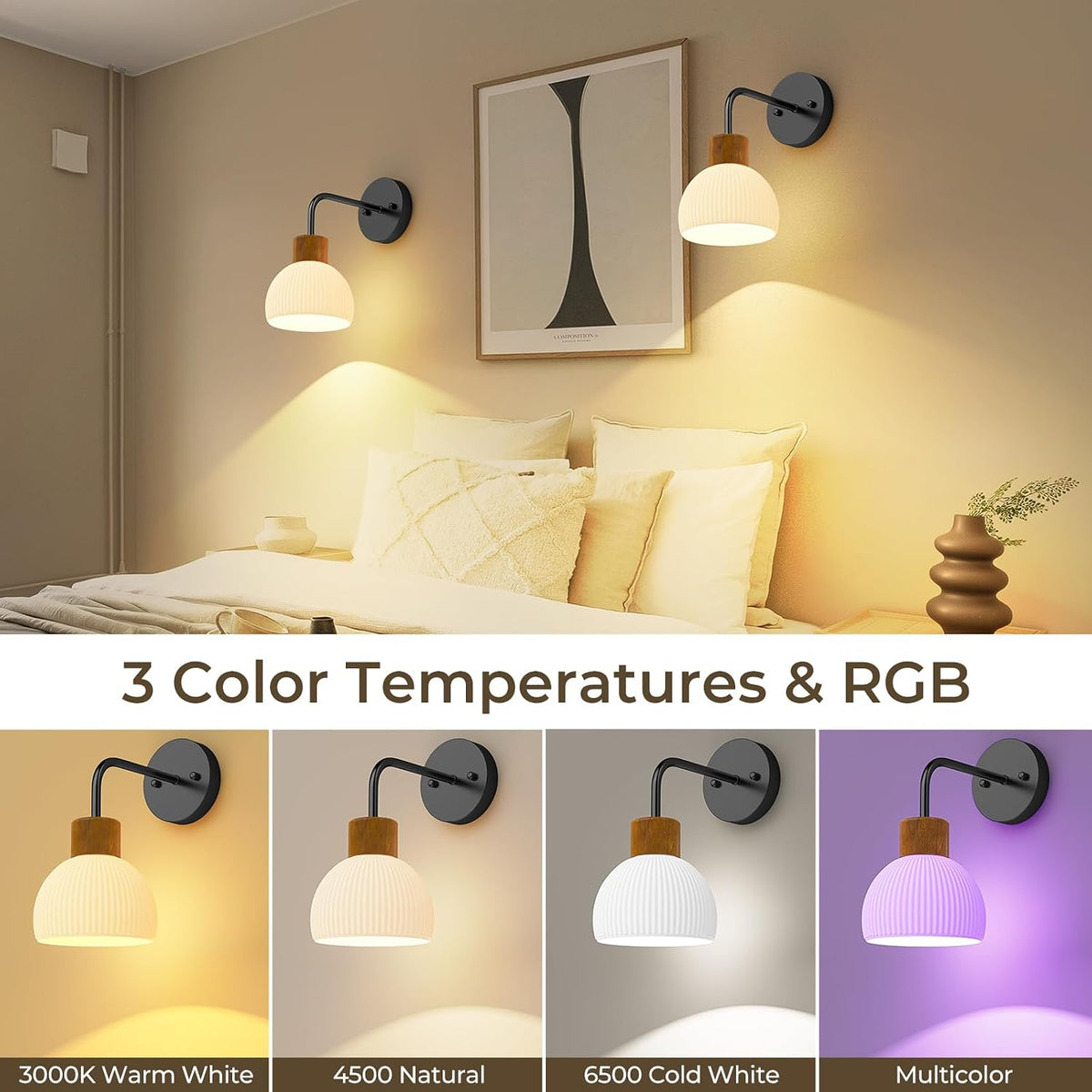 Glass Battery Operated Wall Sconces Set of 2, Rechargeable Wall Lamp with Remote, 12 Colors Dimmable Wireless Sconces
