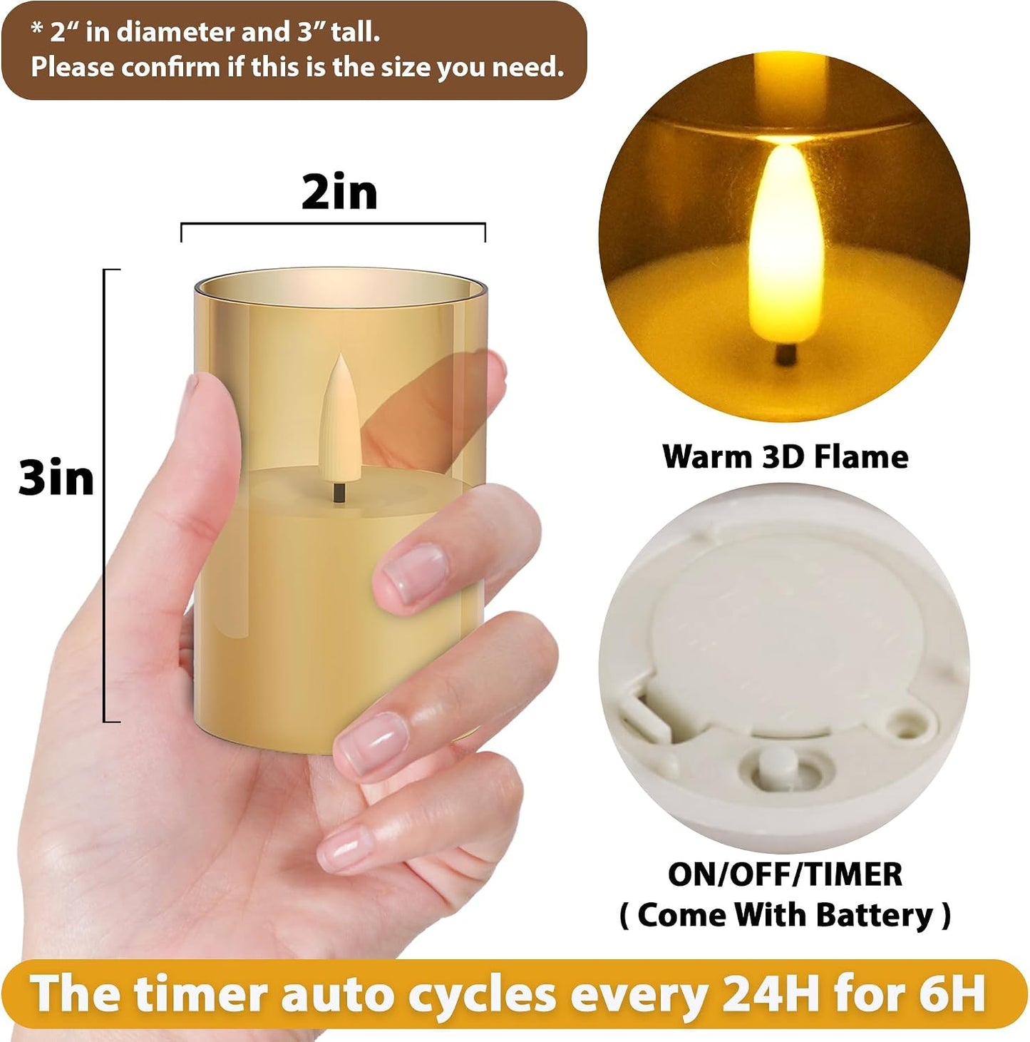 12Pack Flameless LED Candles with Timer, Battery Operated, Gold, 2"x3" | Small Pillar & Votive Candle with Realistic