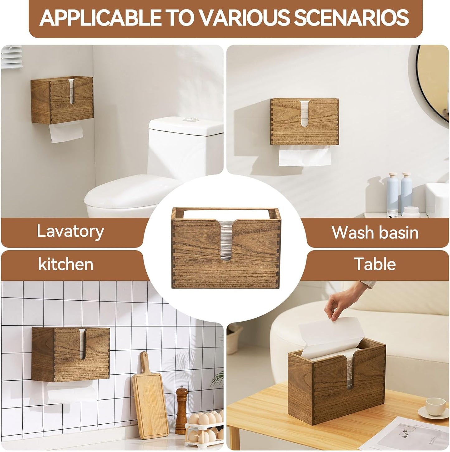 KIRIGEN Multifold Paper Towel Dispenser, Wall Mount or Countertop, Brown | Solid Wood Holder Holds up to 150 C-Fold or