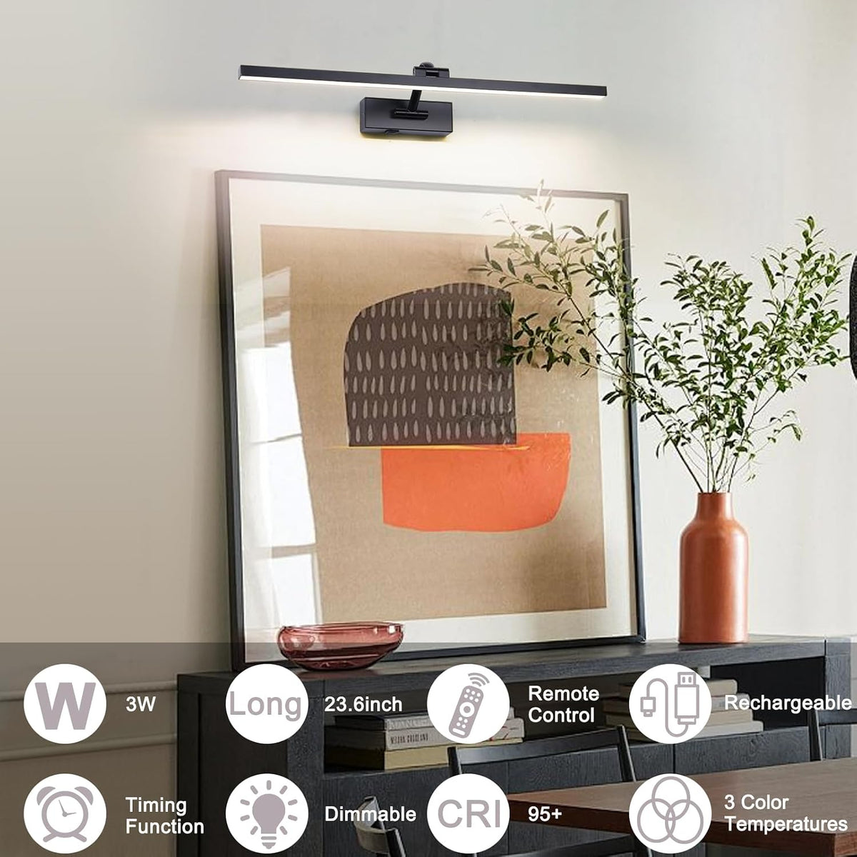 Battery Operated Picture Light with Remote,Wireless Dimmable Art Lights for Paintings Rechargeable Gallery Light