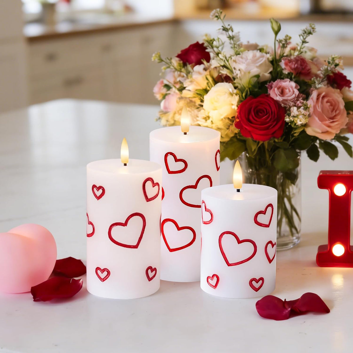 Valentines Day Heart Candles, Flameless Pillar Candles with Remote