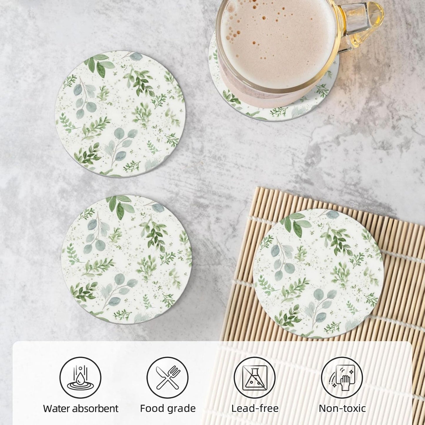 Leaves Coasters Absorbent Ceramic Drink Coaster / Green / 4 Inch / Set of 4
