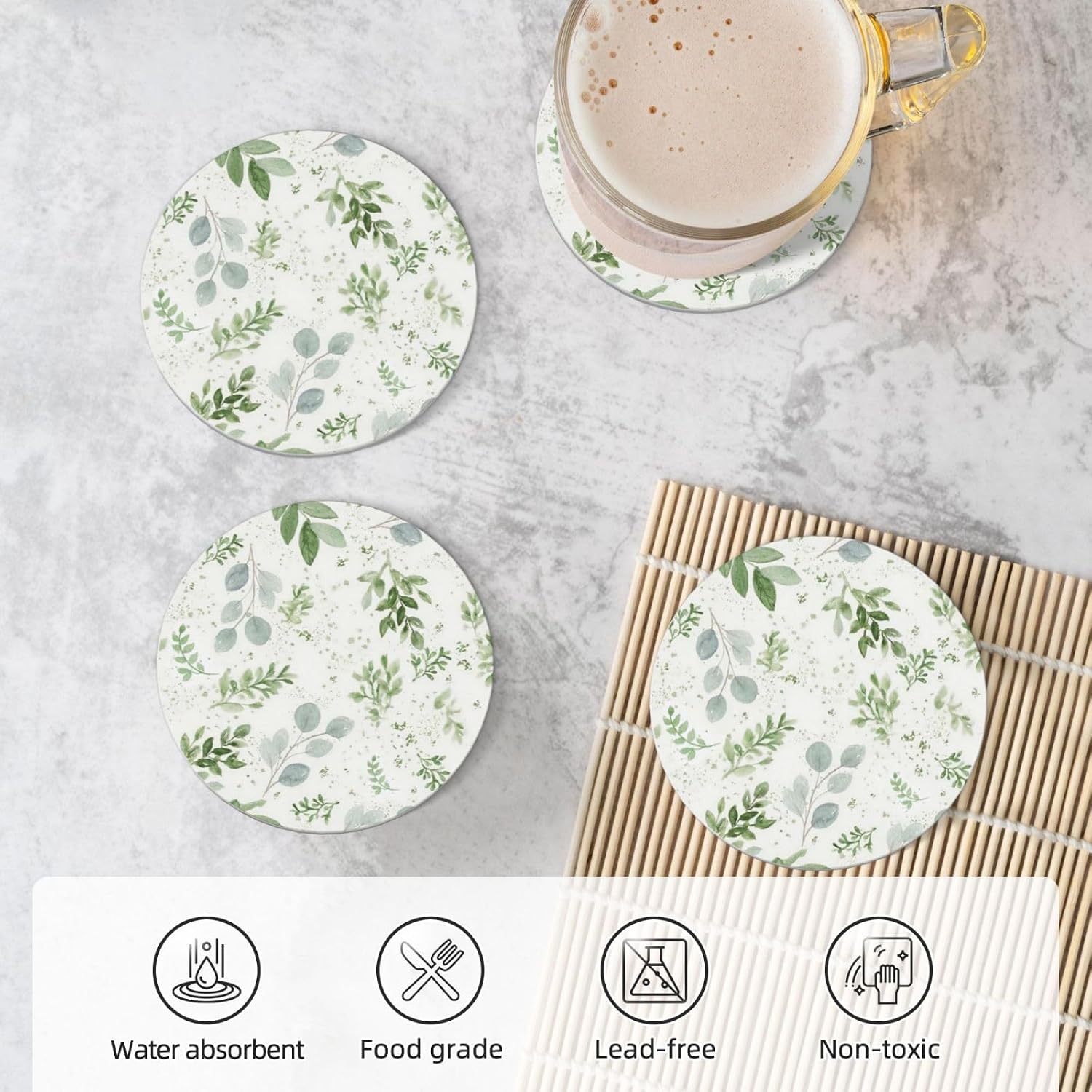 Leaves Coasters Absorbent Ceramic Drink Coaster / Green / 4 Inch / Set of 4