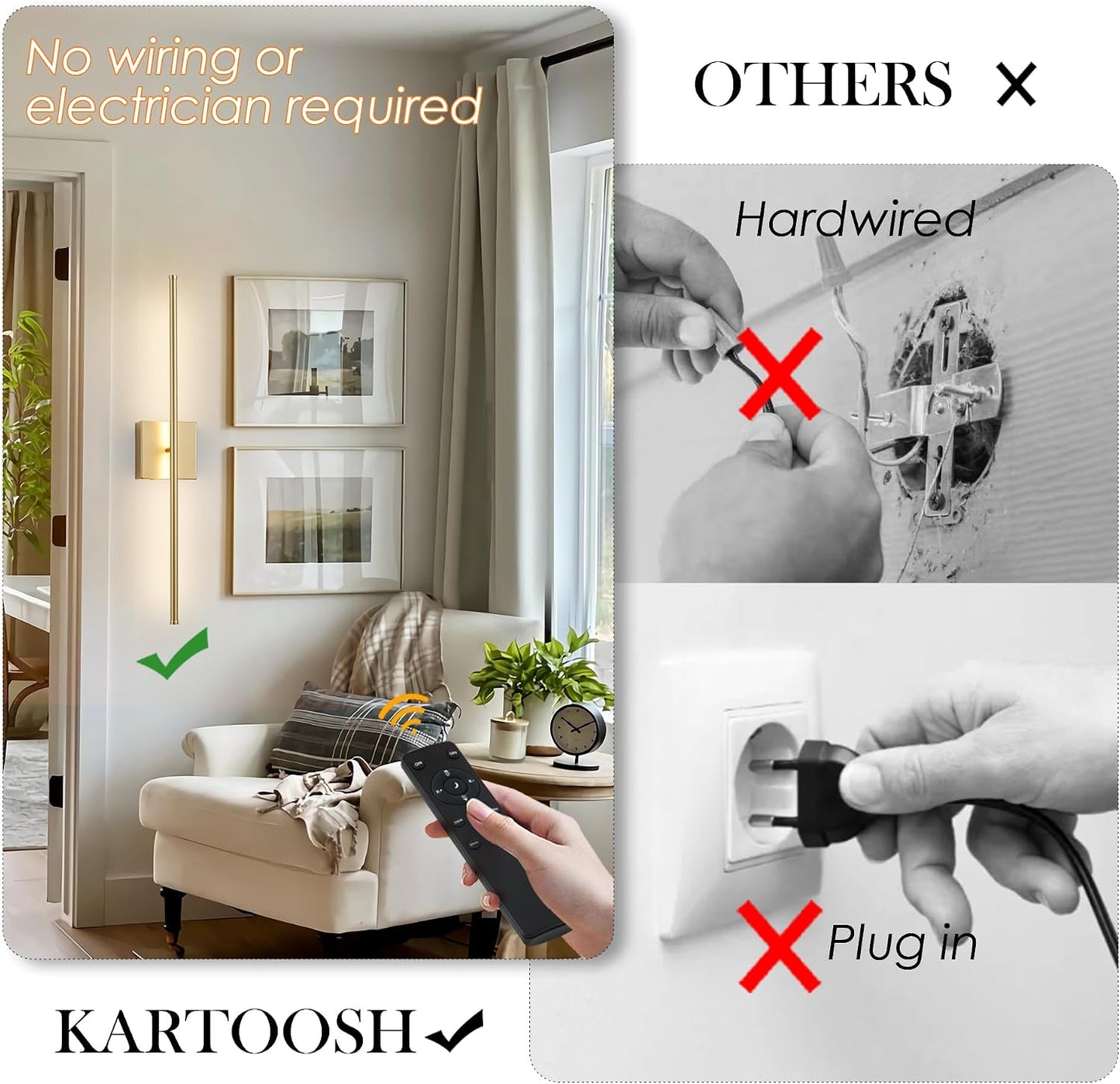KARTOOSH Battery Operated Wall Sconces Set of 2 Wireless,28.3 Inch Gold | Battery Removable, 3000-6000K, Stepless