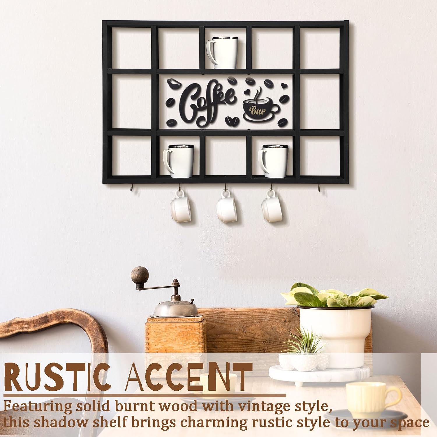 Cinnvoice Oversize Coffee Mug Display Shelf for Wall, Black | Wood Coffee Mug Rack, Wall Mounted Shelf, Cubes Cup Hooks