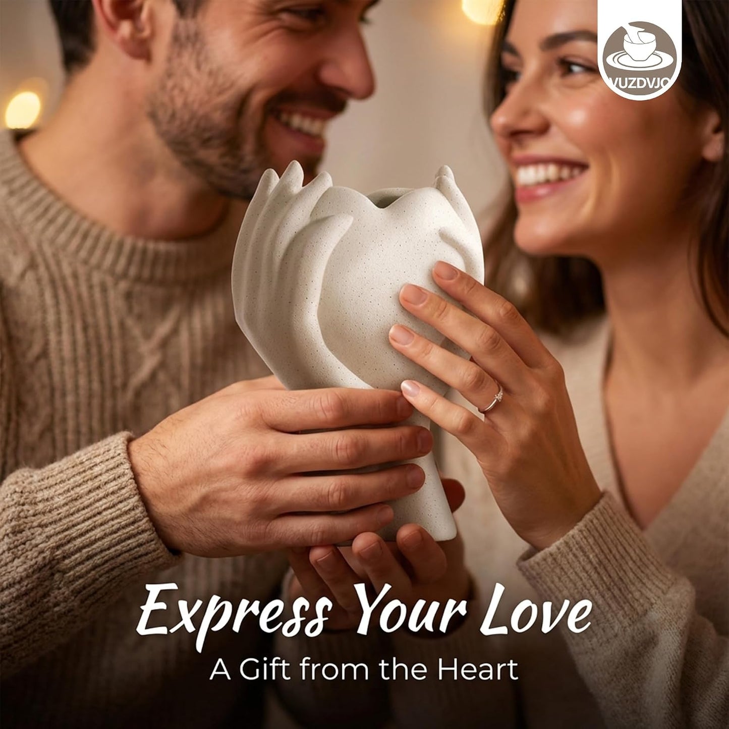 Heart Hand White Ceramic Vase / Cream White / 8 Inch