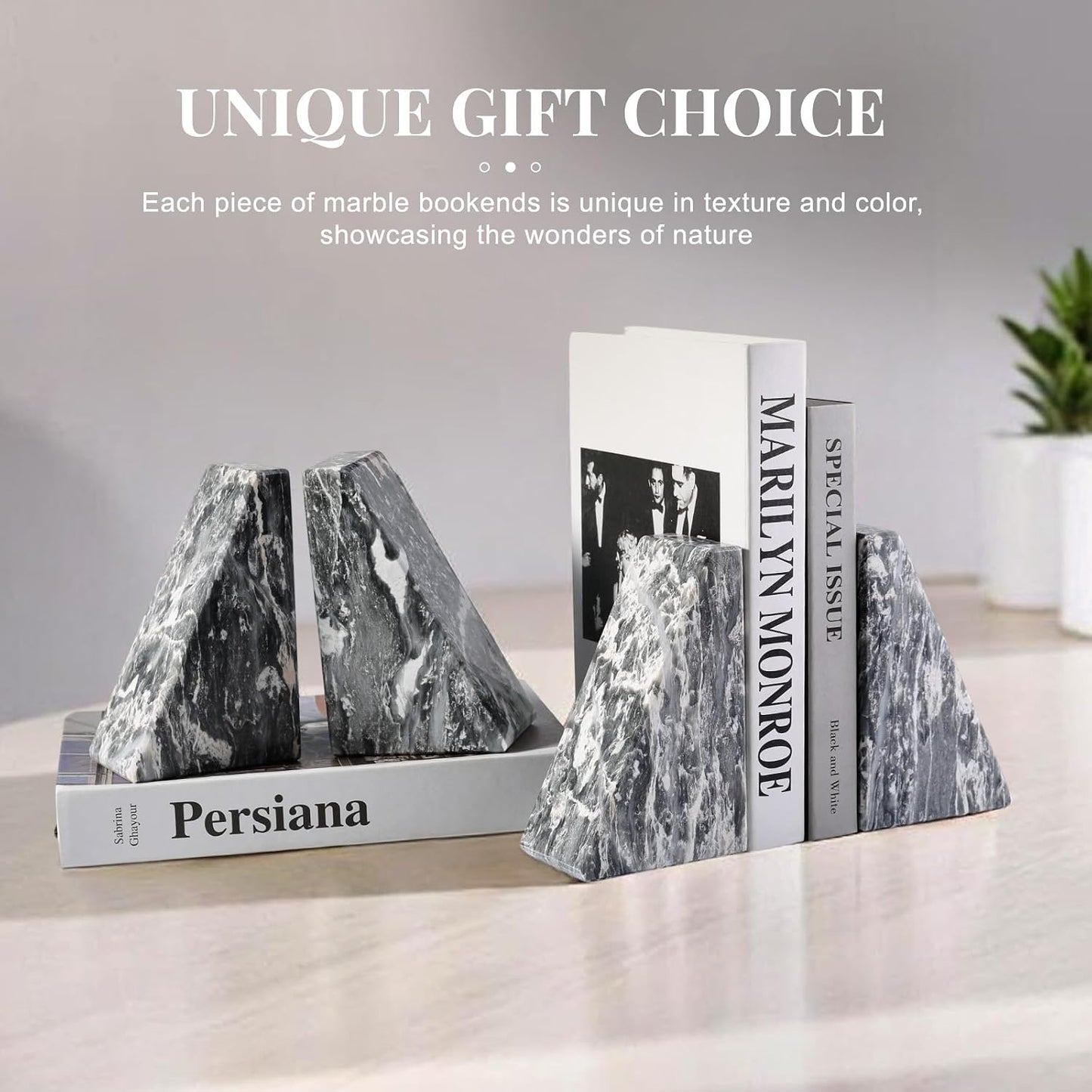 Marble Bookends / Large Bookends for Heavy Books / Gray