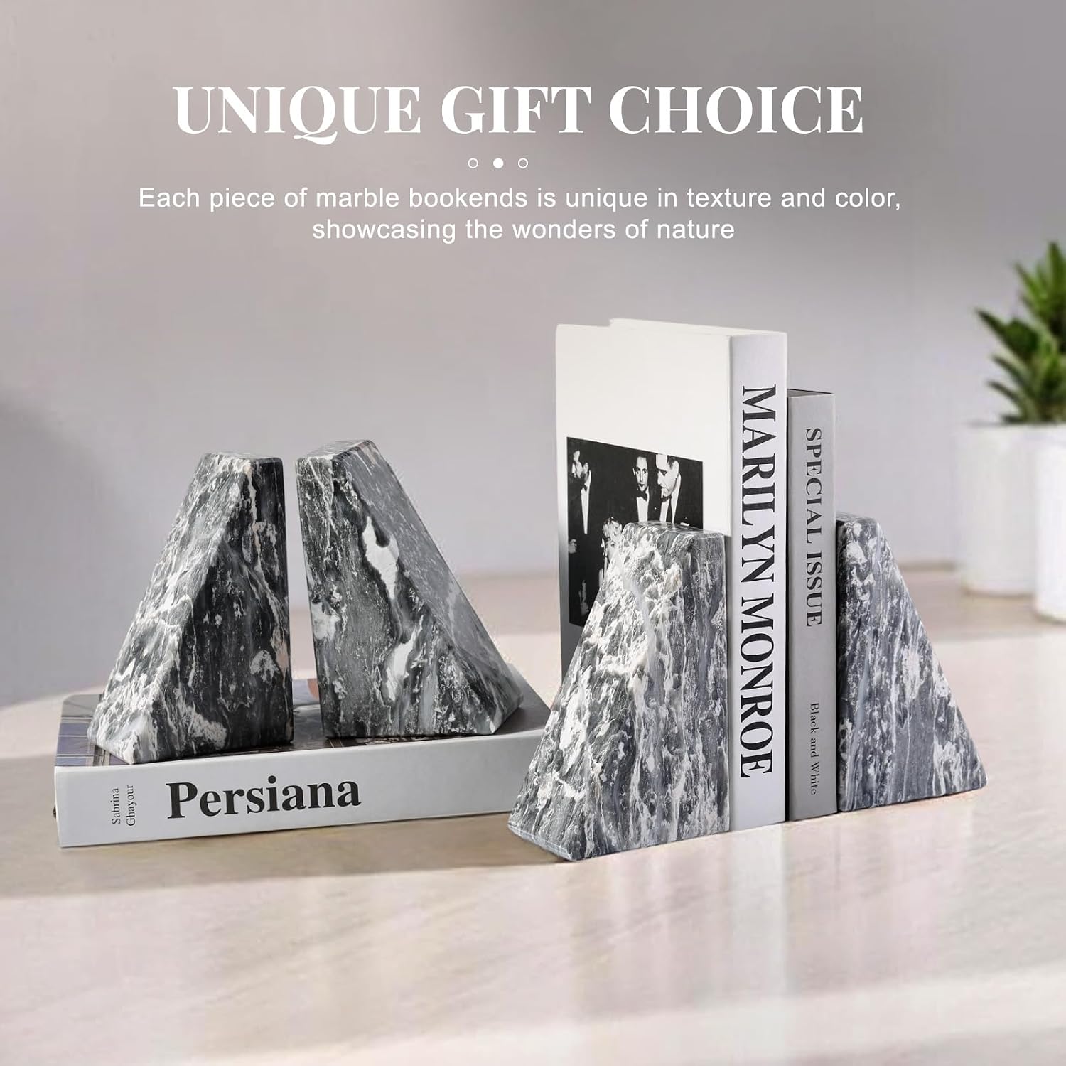 Marble Bookends / Large Bookends for Heavy Books / Gray