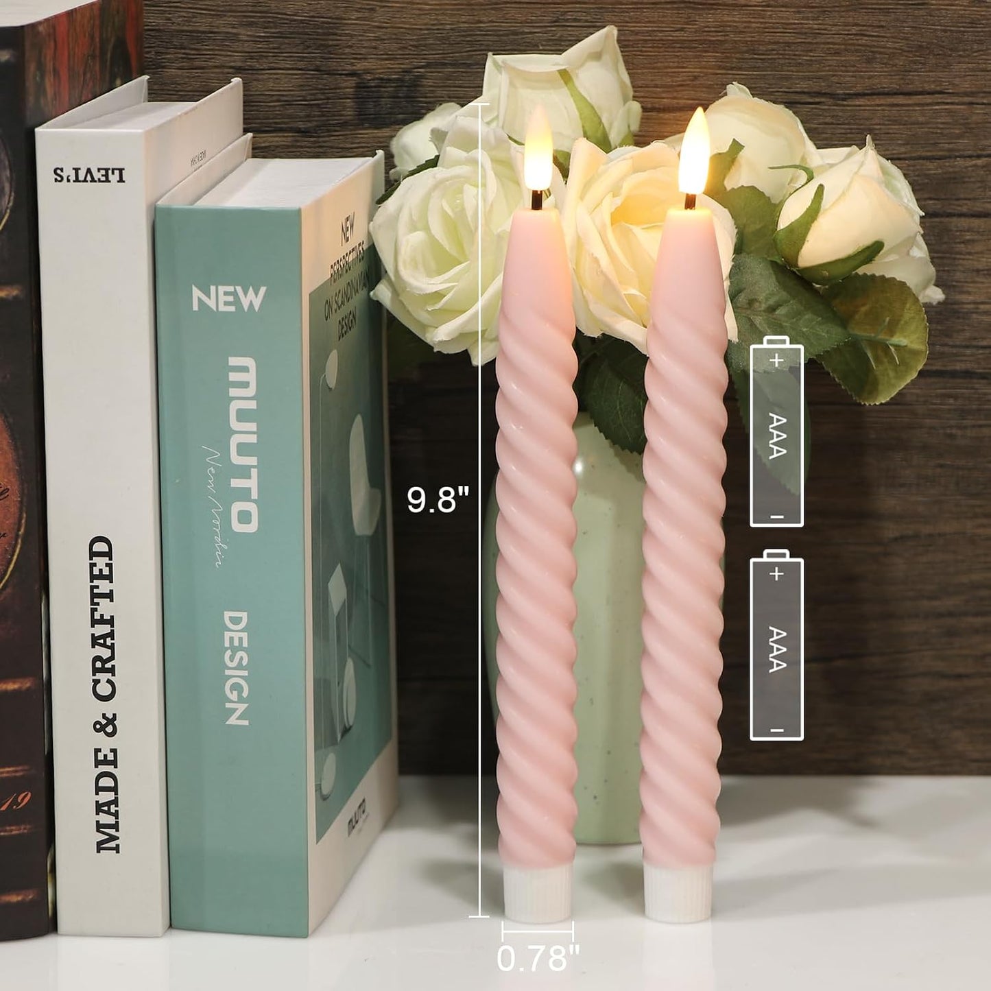 Pink Flameless Taper Candles Flickering with Remote Timer | LED Spiral Taper Candles, Flameless Candlesticks, Battery