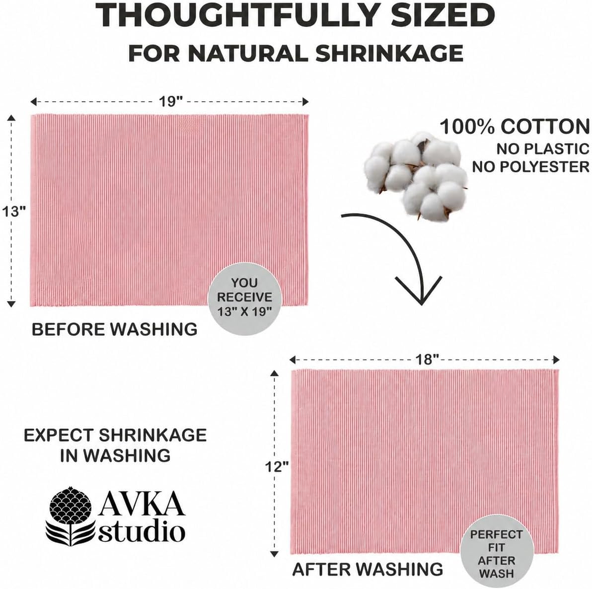 100% Cotton Ribbed Placemats - Set of 4-13 x 19 Inches - Dull Pink - Everyday Basic Cloth Table Mats - Thick