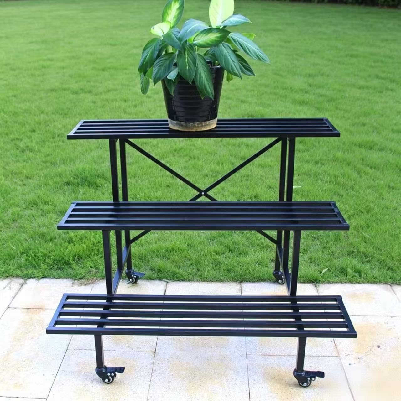 Zhongma 3 Tier Sturdy Metal Plant Stand with Wheels, L35.43 x W26 x H26 inch, Heavy Duty Plant Holder for Home Indoor