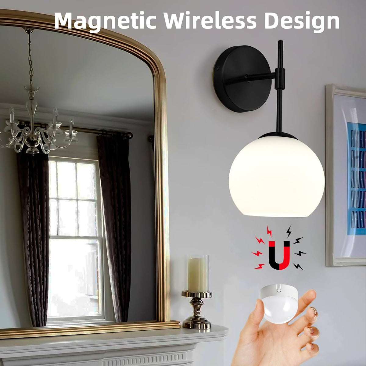 Battery Operated Wall Sconces Set of Two, Rechargeable, Black | Milk Glass Shade, 12 RGB & 3CCT Dimmable, Wireless Wall